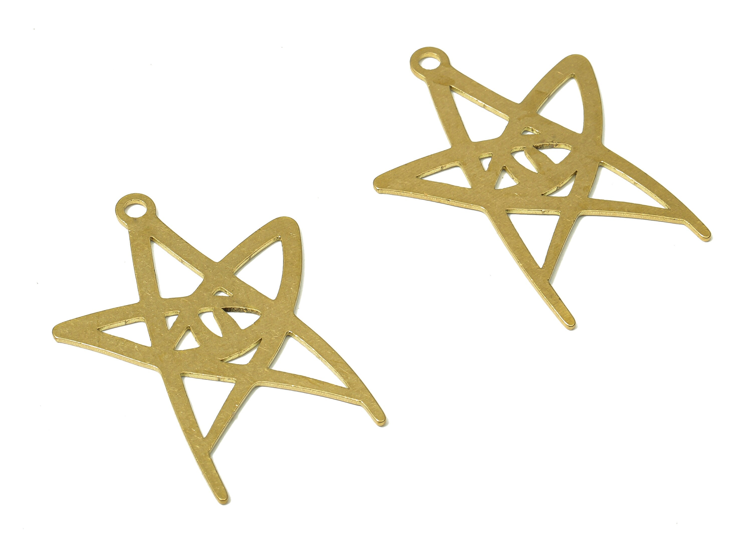 Brass Shooting Star Earring Charm - Raw Brass Irregular Falling Star Cutout Pendant - Hollow Happy Star - 34.39x25.81x0.67mm - PPA4868 - DOMEDBAZAAR