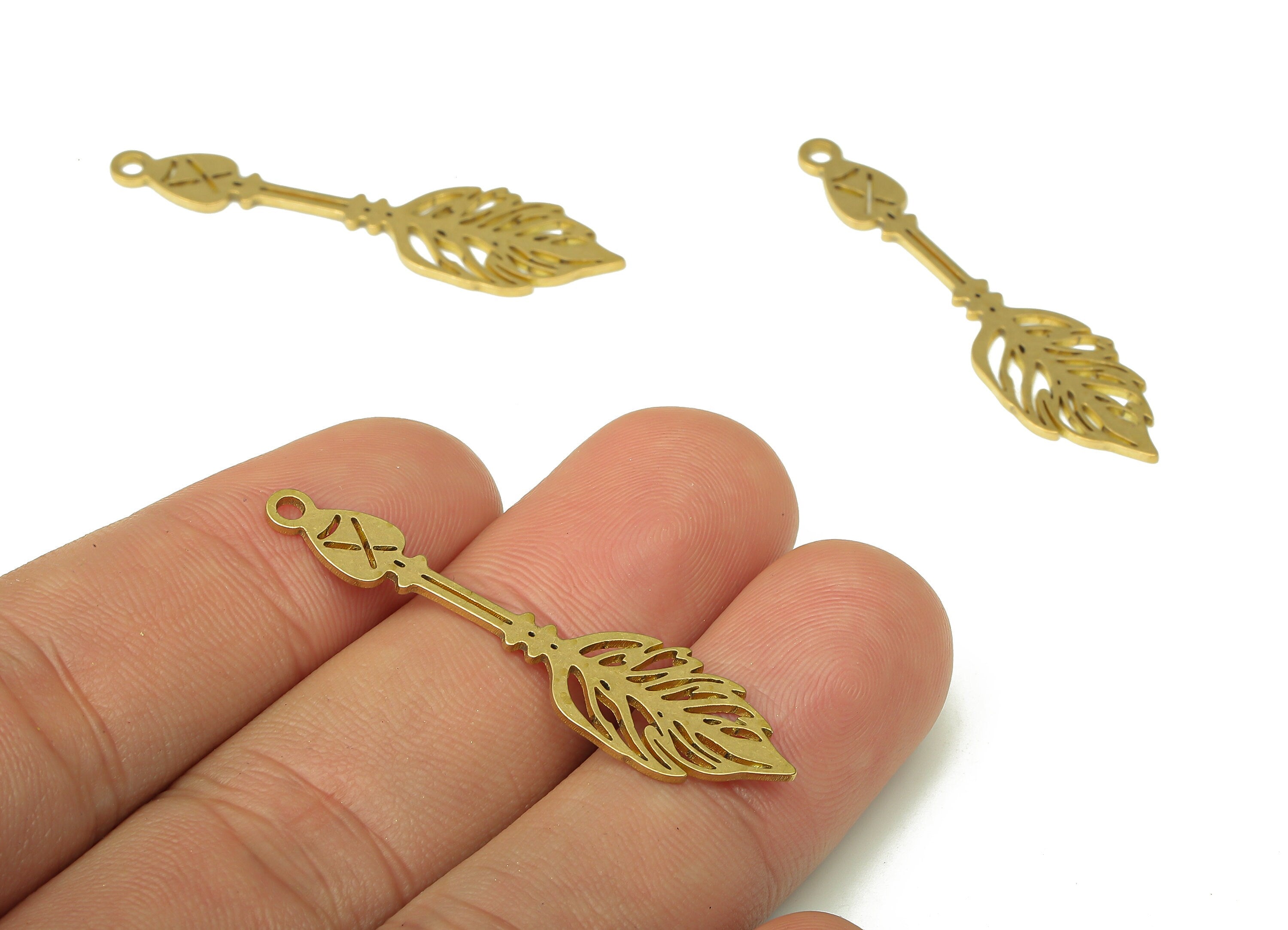 Brass Arrow Earring Charm - Raw Brass Arrow Feather Cutout Pendant With Loop - Earring Charm - Earring Finding - 41.69x10.6x0.86mm - PPA4353 - DOMEDBAZAAR