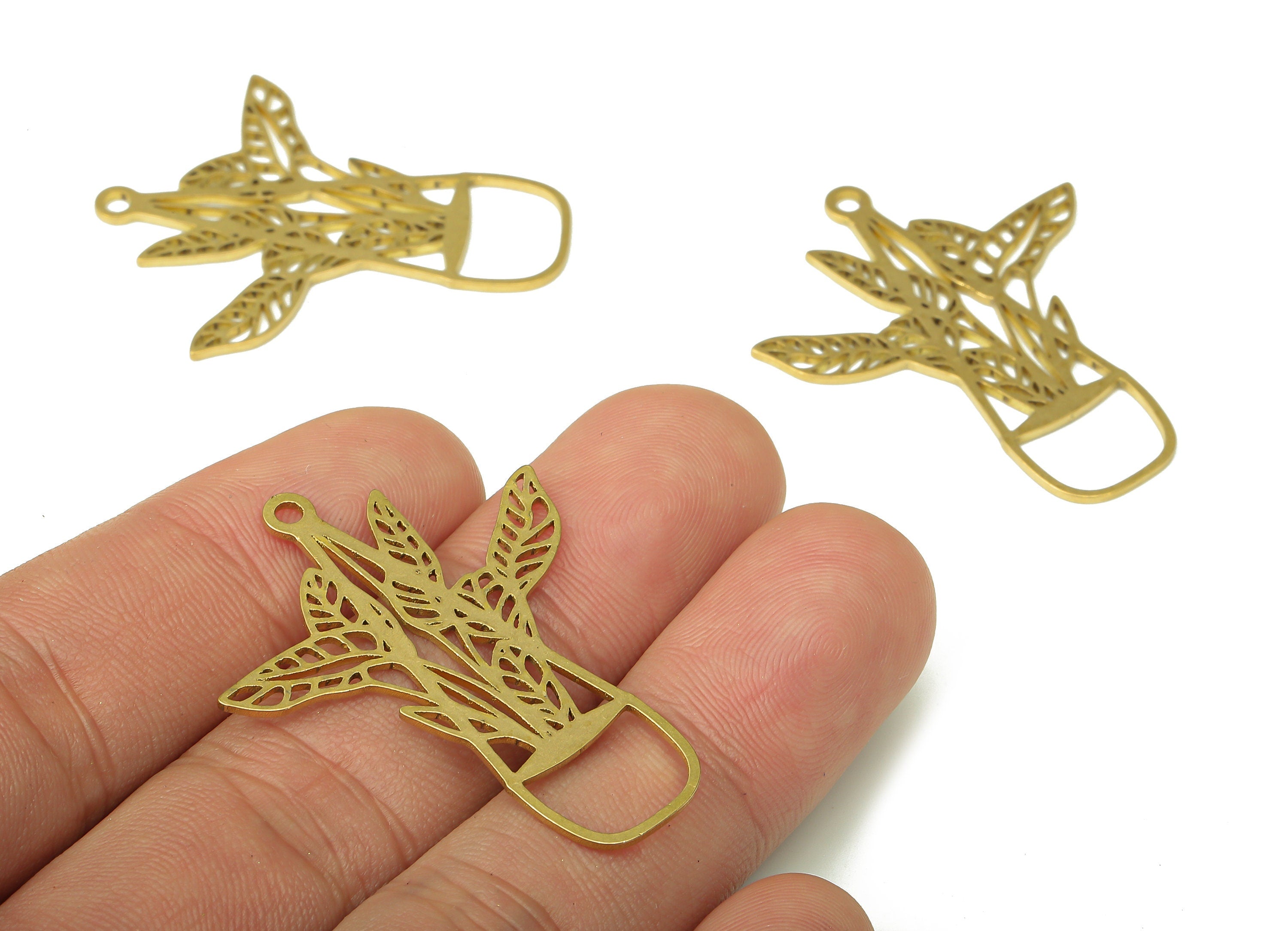 Brass Hanging Plant Earring Charm - Raw Brass Flower Pot Drop Cutout Pendant With Loop - Earring Finding - 39.6x32.7x0.85mm - PPA4399 - DOMEDBAZAAR