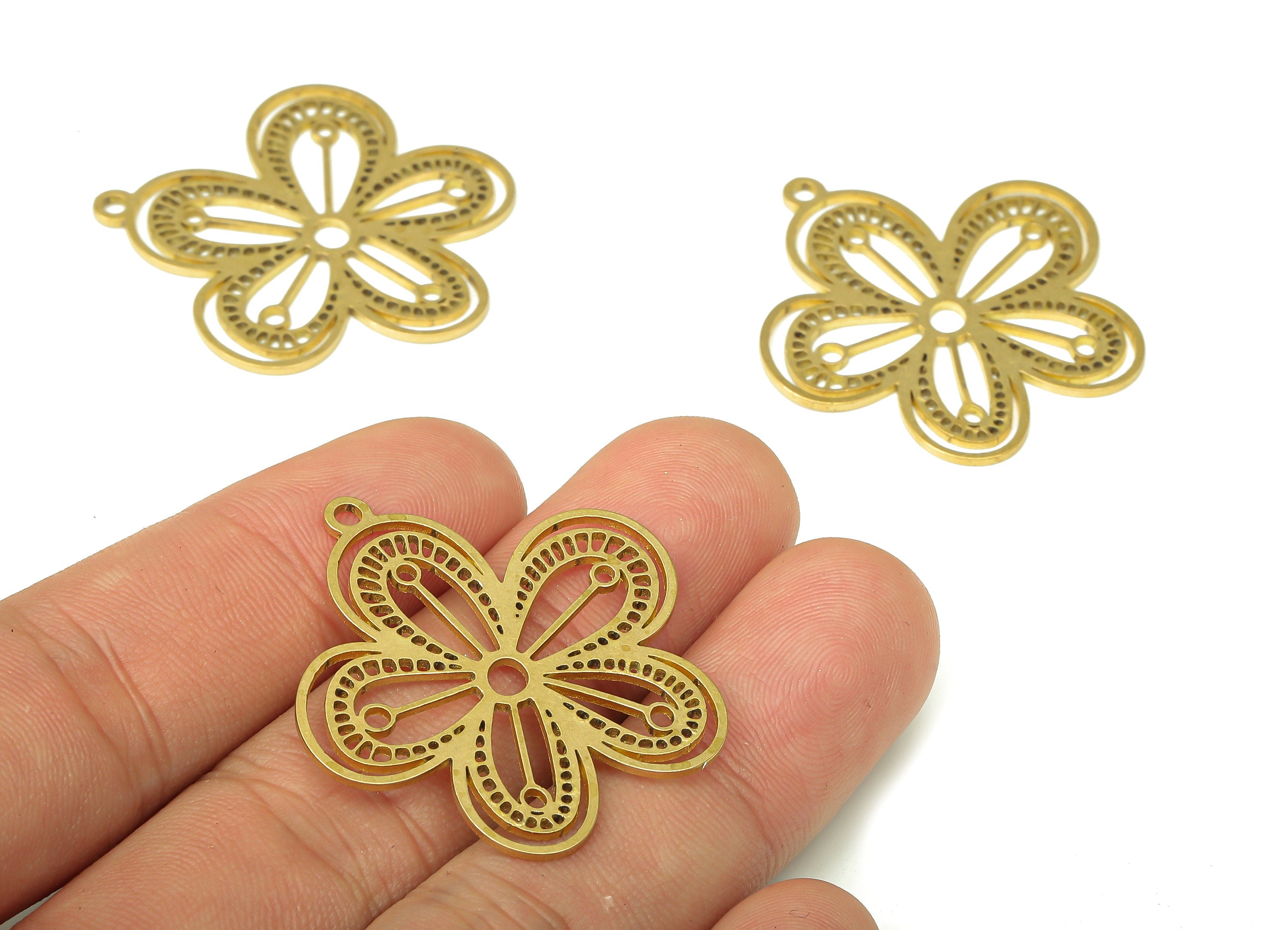 Brass Flower Earring Charm - Raw Brass Flower Cutout Pendant With Loop - Brass Flower Earring - Earrings Finding - 35.47x34x0.86mm - PPA4416 - DOMEDBAZAAR