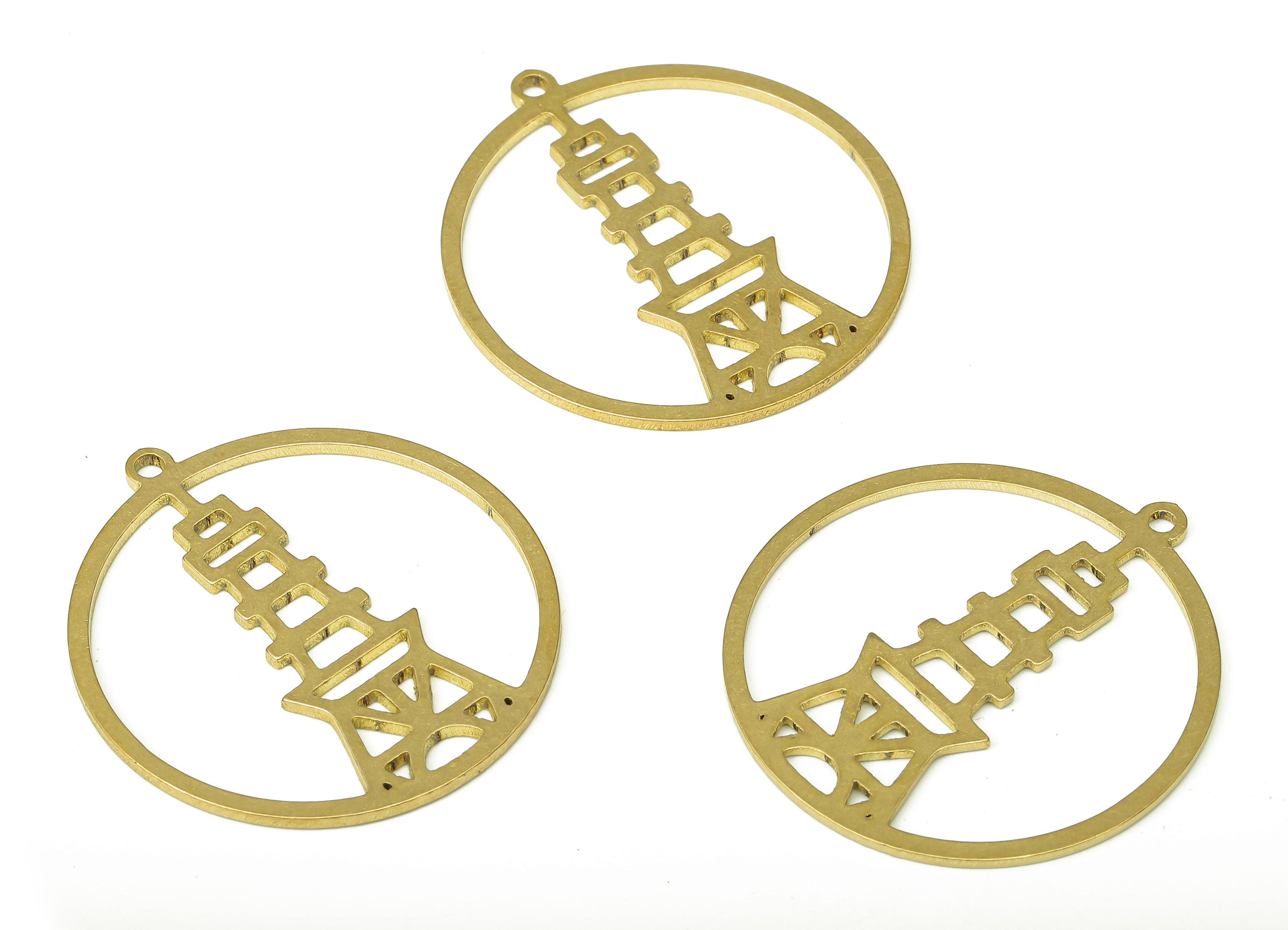 Brass Round Tower Hoop Earring Charms - Raw Brass Circle Tower Cutout Pendant With Loop - Earrings Finding - 29.87x27.44x0.85mm - PPA4474 - DOMEDBAZAAR