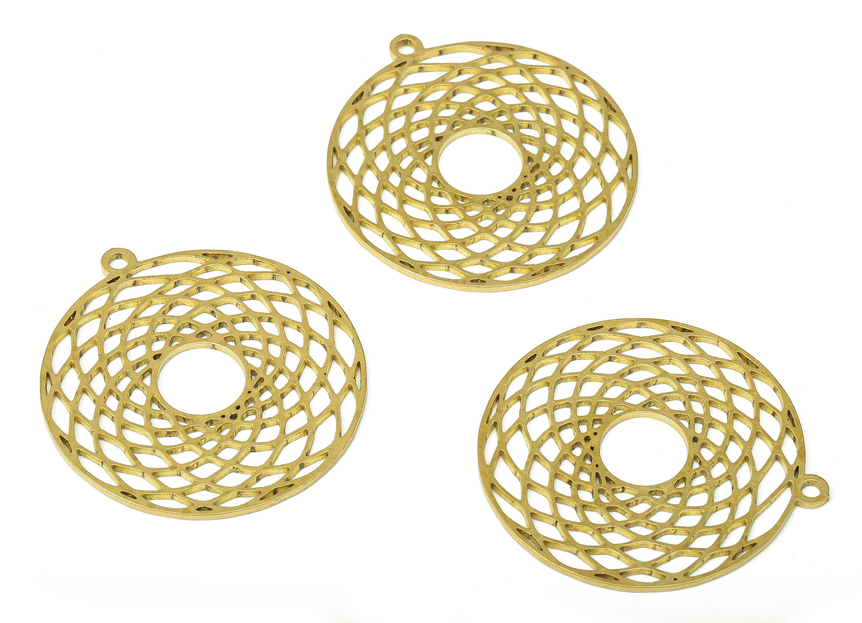 Brass Round Ponut Earring Charms - Raw Brass Circle Hollow Cutout Pendant With Loop - Earrings Finding - 34.75x31.9x0.86mm - PPA4494 - DOMEDBAZAAR
