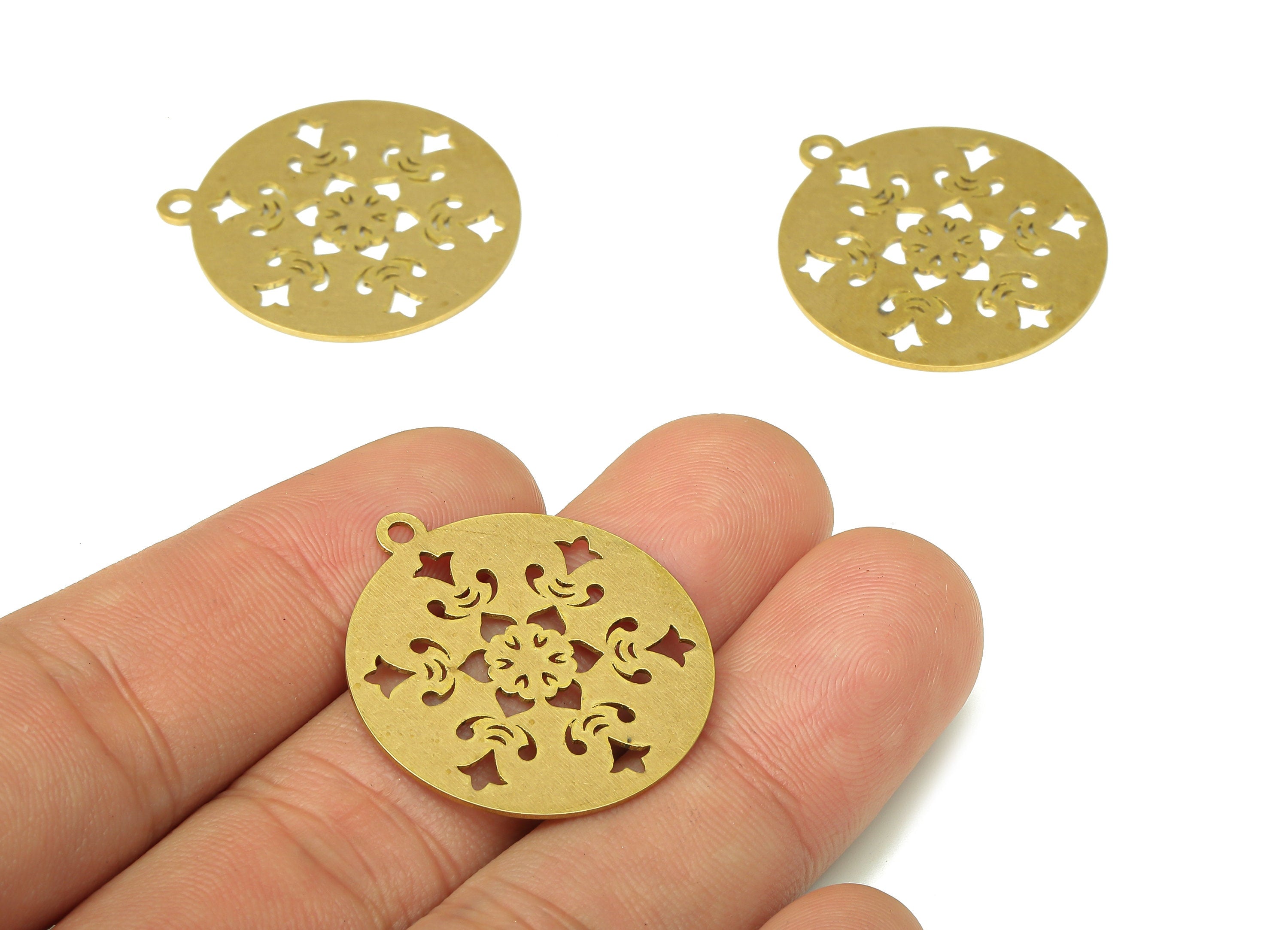 Brass Round Flower Earring Charms - Raw Brass Circle Flower Cutout Pendant With Loop - Earrings Finding - 29.76x26.83x0.67mm - PPA5222 - DOMEDBAZAAR