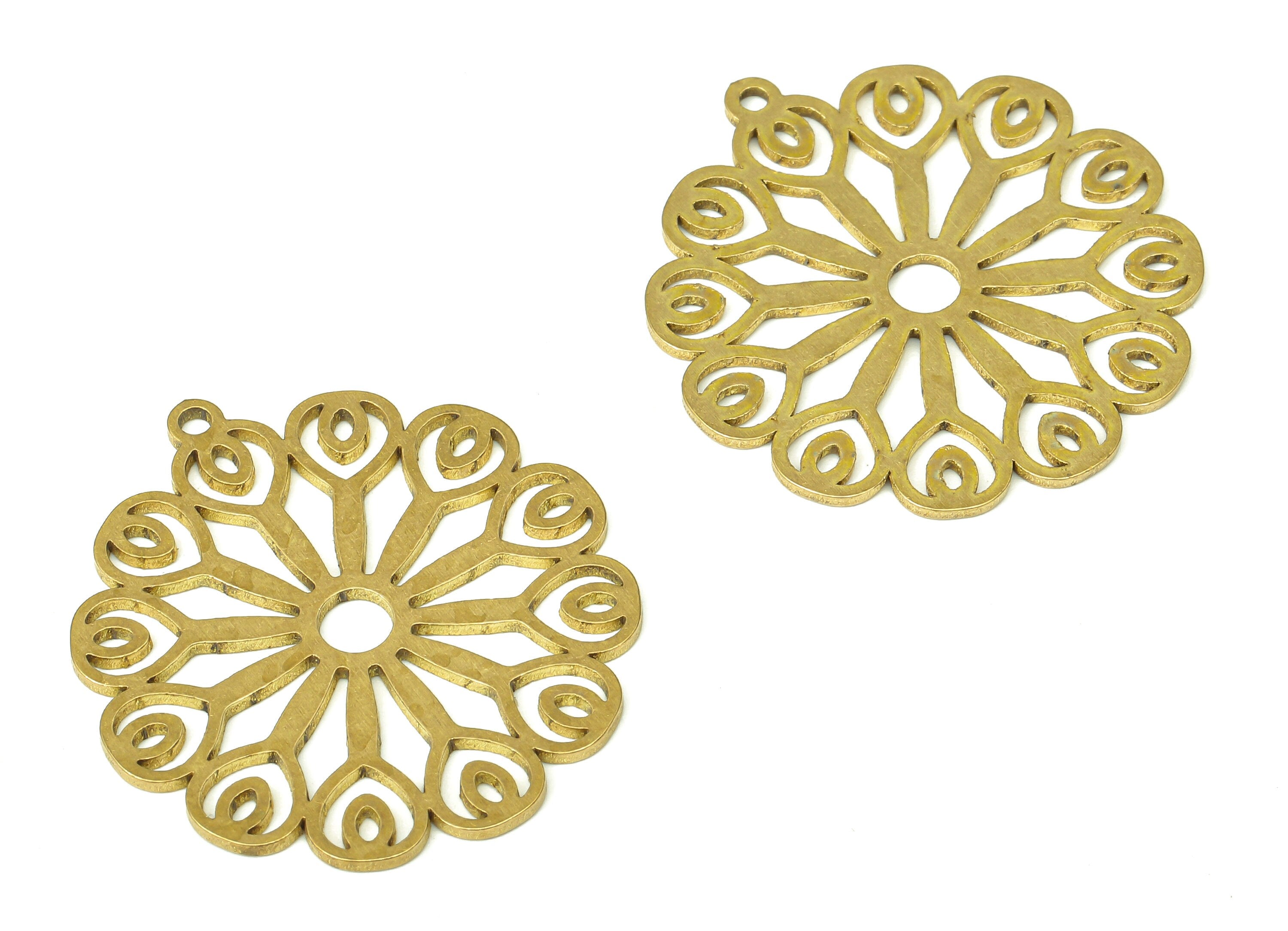 Brass Round Flower Earring Charms - Raw Brass Circle Flower Cutout Pendant With Loop - Earrings Finding - 29.88x27.11x0.89mm - PPA5231 - DOMEDBAZAAR