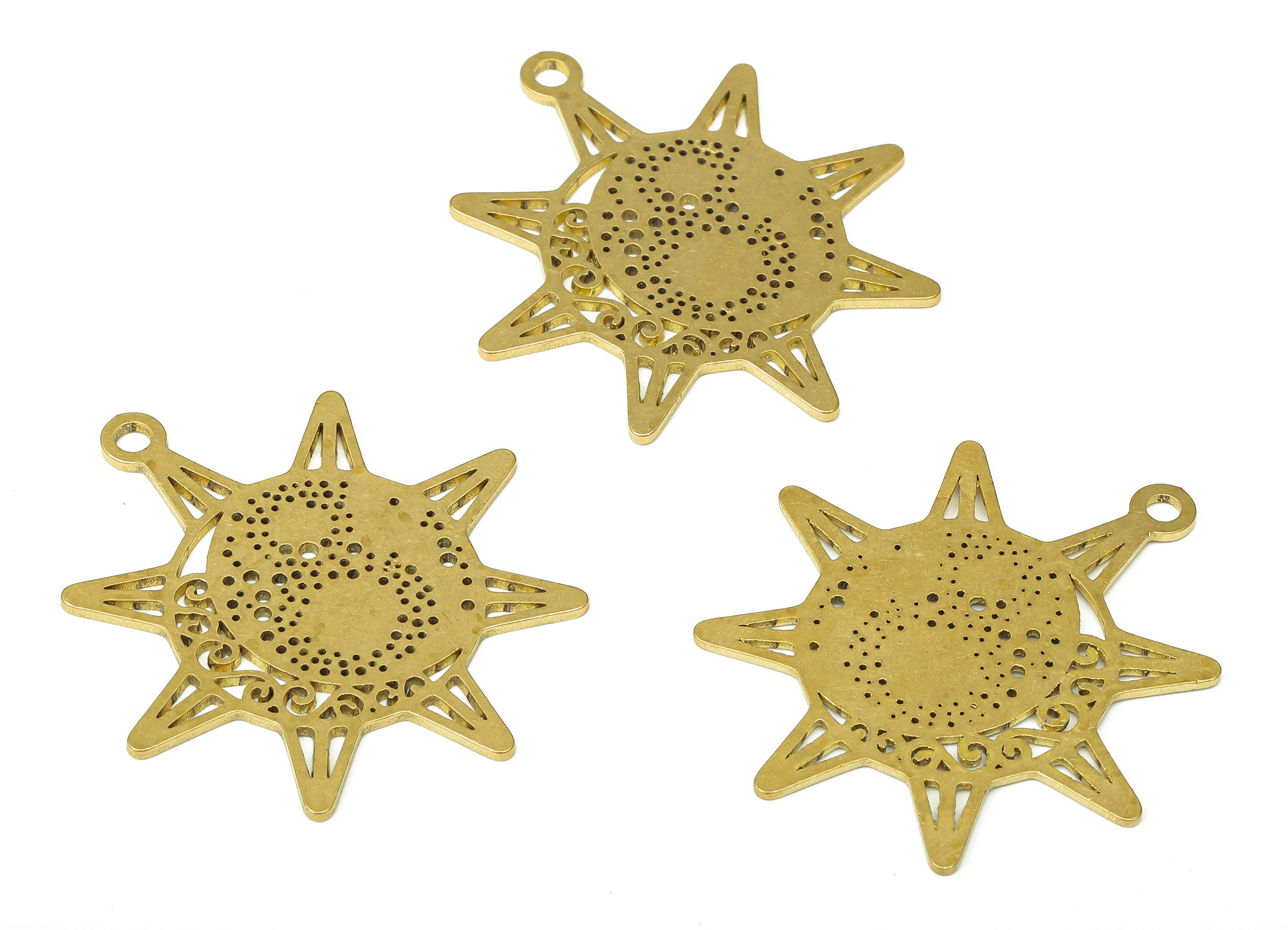 Brass Round Sun Earring Charms - Raw Brass Planet Circle Star Cutout Pendant With Loop - Earrings Finding - 35.86x30.17x0.79mm - PPA4695 - DOMEDBAZAAR