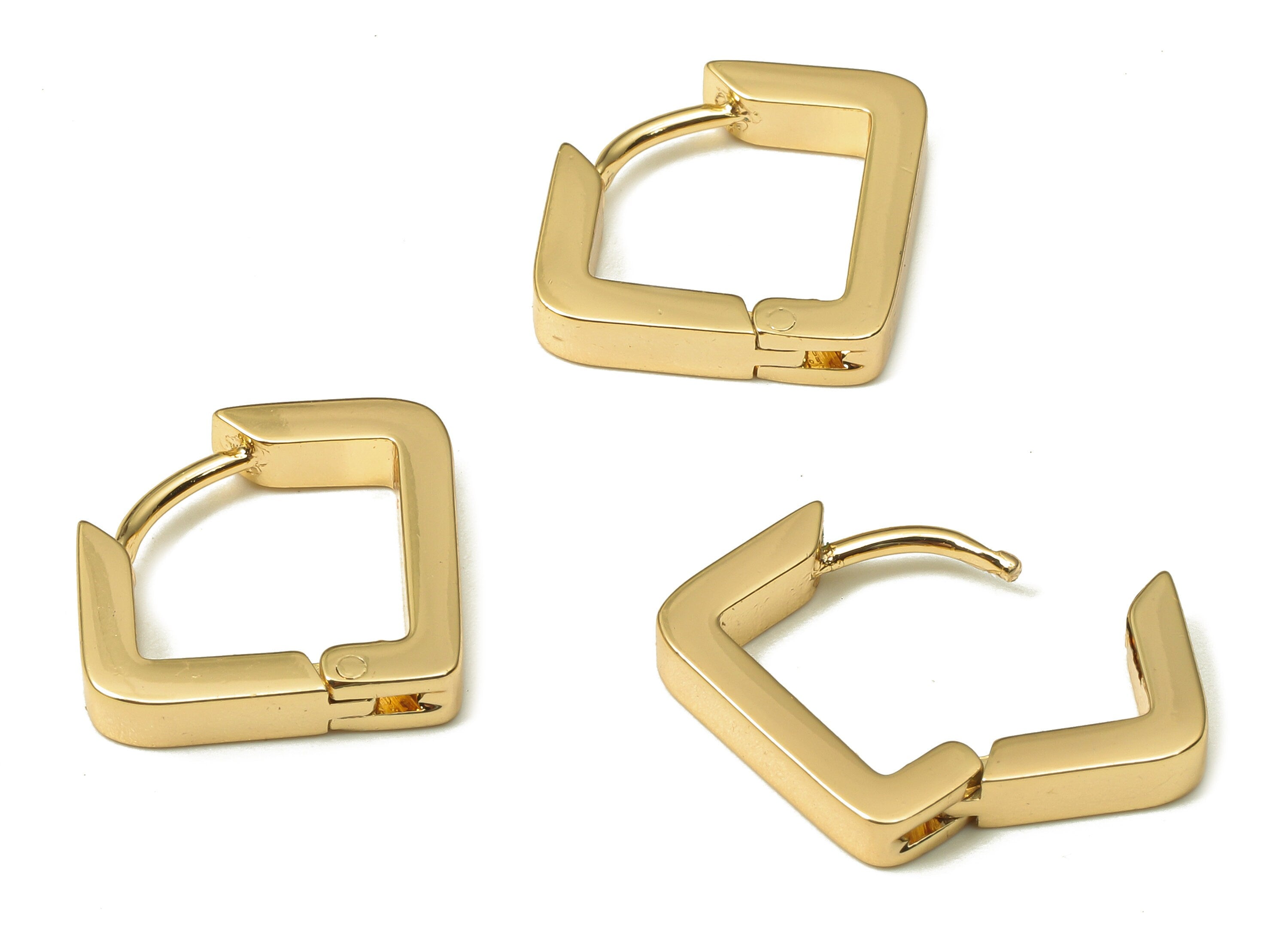 Brass Diamond Huggie Hoop Earrings - Chunky Gold Rhombus Earring Clasp - 18K Real Gold Plating - 18.03x15.1x2.84mm - RGP5207 - DOMEDBAZAAR