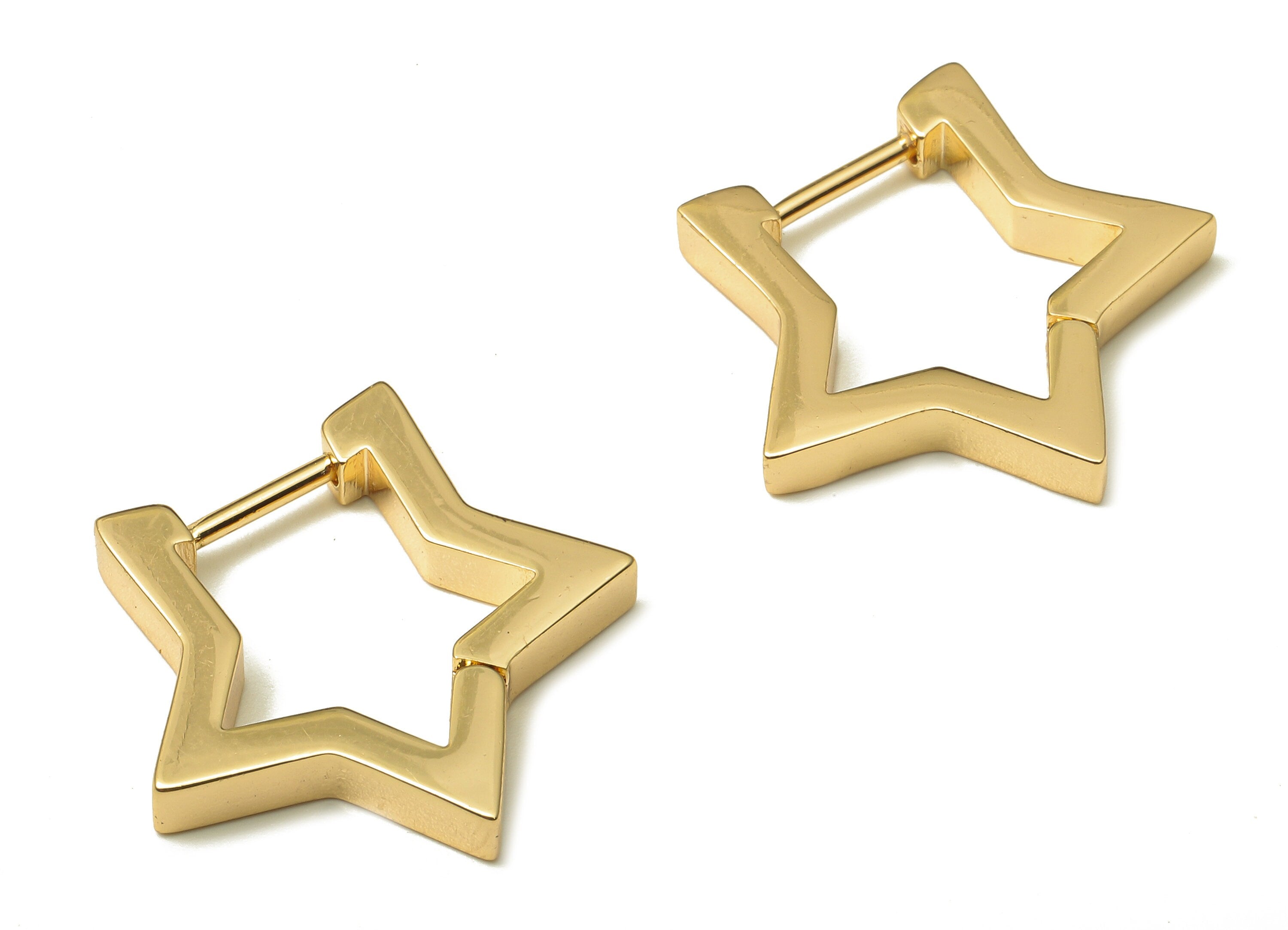 Brass Huggie Hoop Earrings - Chunky Gold Star Earring Clasp - Minimalist Earring - 18K Real Gold Plating - 20.88x19.55x2.93mm - RGP5210 - DOMEDBAZAAR