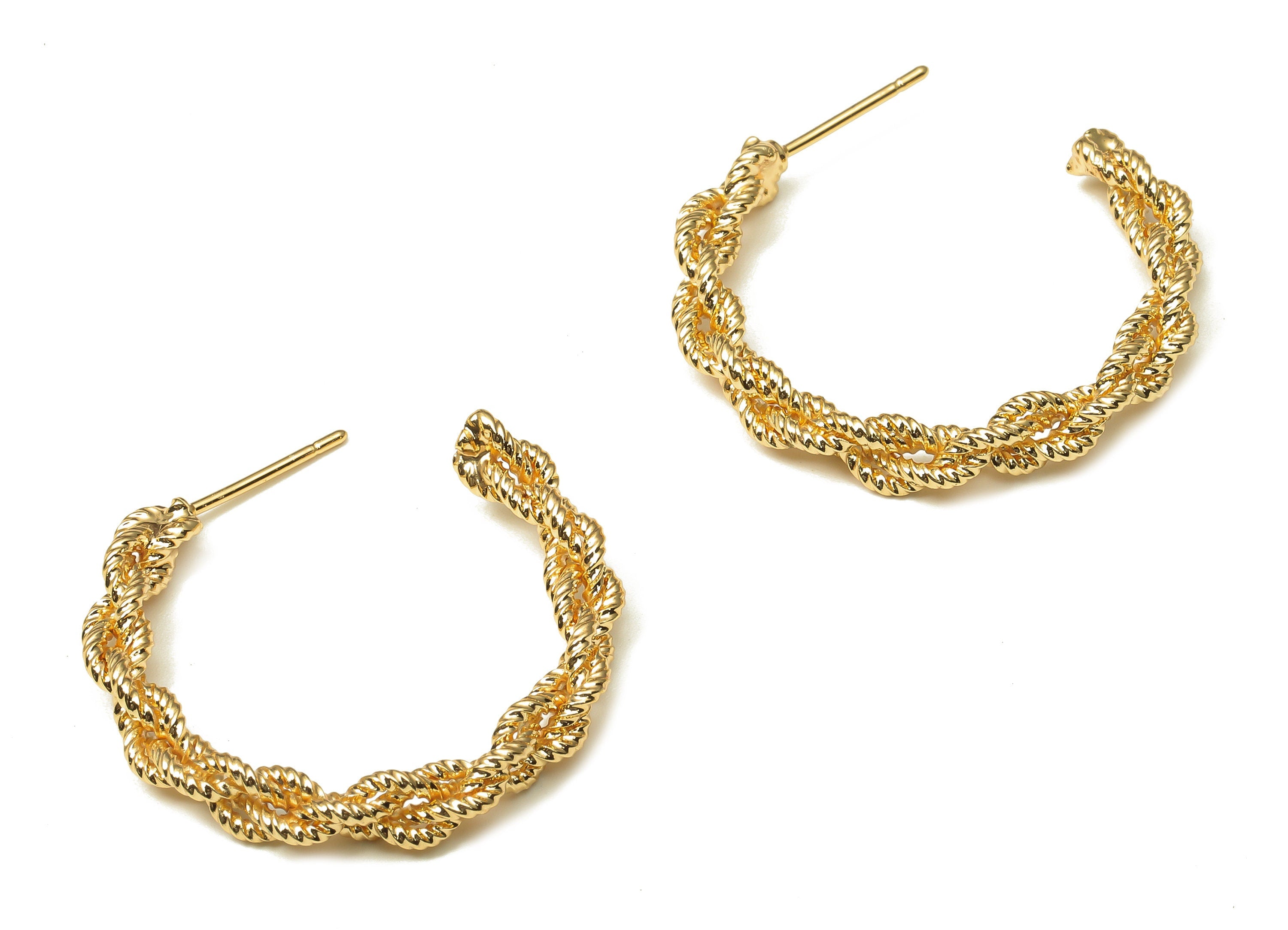 Brass Round Twisted Wire Earring - Gold Rope Open Hoop Earring Post - Stainless Steel Stud - 18K Real Gold Plating -29.1x25.6x4.1mm -RGP5217 - DOMEDBAZAAR