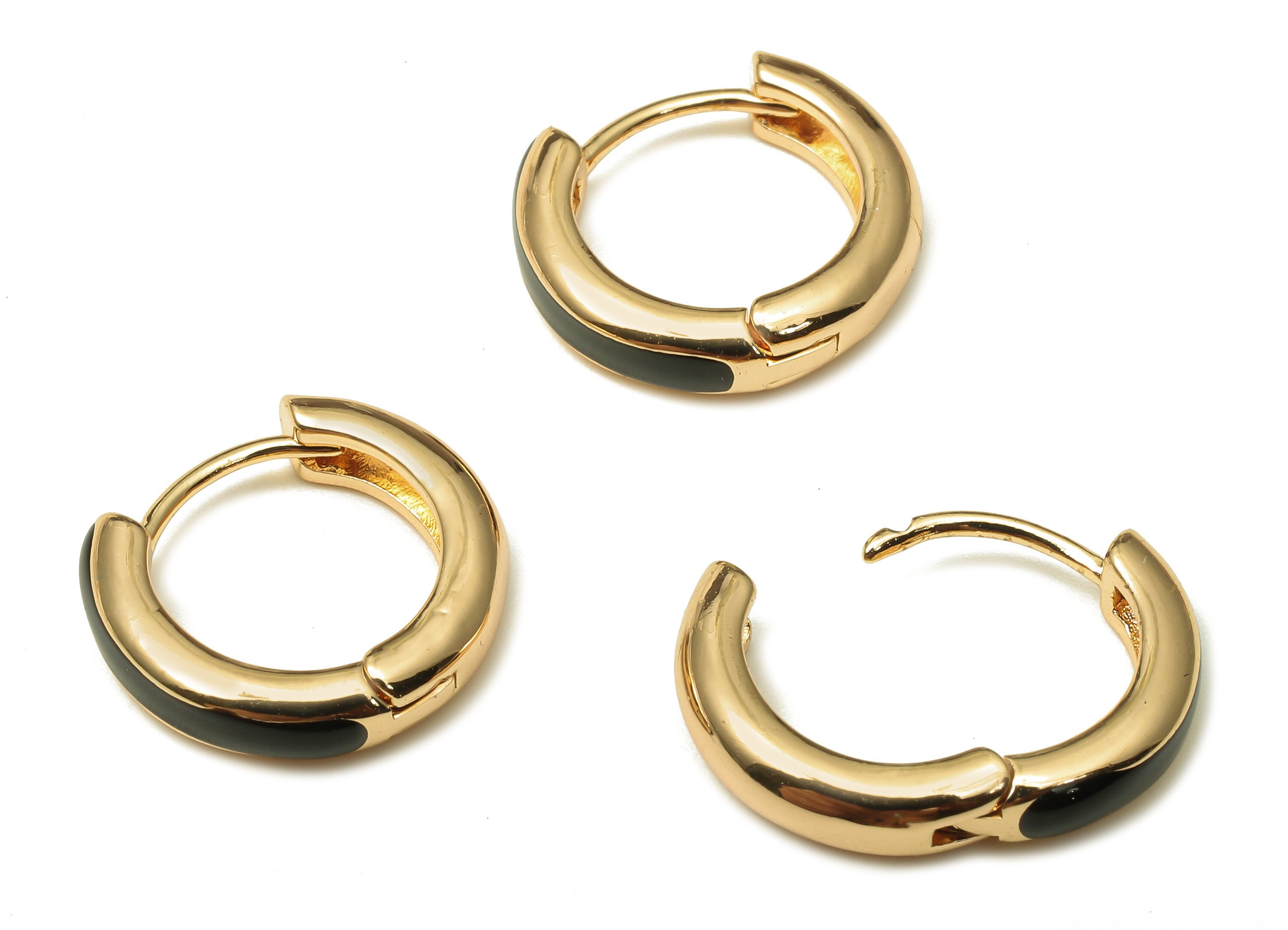Brass Enamel Round Hoop Earring Clasp - Circle Small Black Enamel Huggie Hoop Earring - 18K Real Gold Plating - 14.17X13.1X3.3mm - RGP5218B - DOMEDBAZAAR