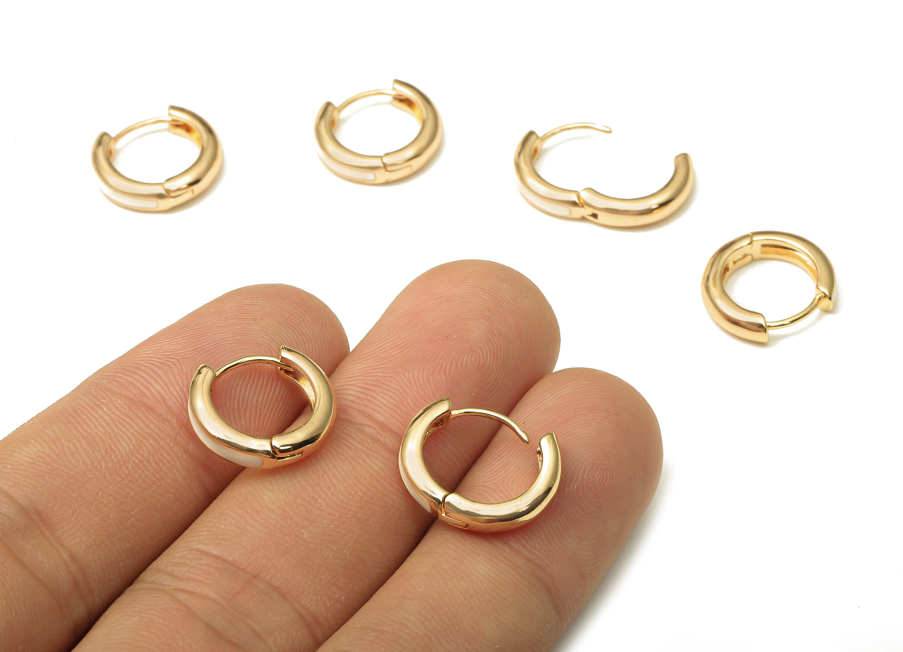 Brass Enamel Round Hoop Earring Clasp - Small Circle White Enamel Huggie Hoop Earring - 18K Real Gold Plating - 13.93x13.23x3.3mm - RGP5218W - DOMEDBAZAAR