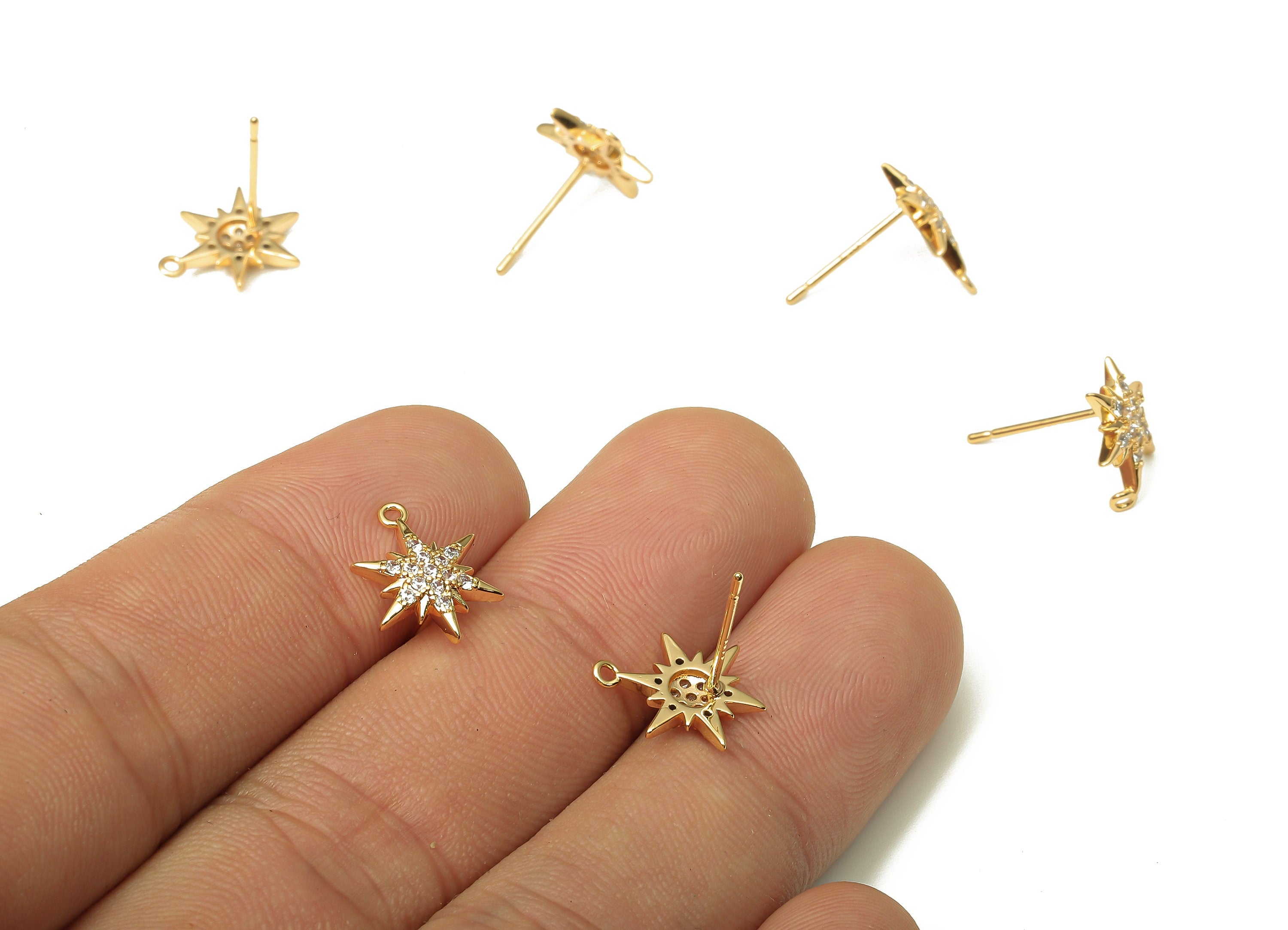 Brass Hexagram North Star Earring Post - Zircon Star Earring With Loop - 316 Stainless Steel - 18K Real Gold Plating -12.6x9.7x2.3mm-RGP5226 - DOMEDBAZAAR