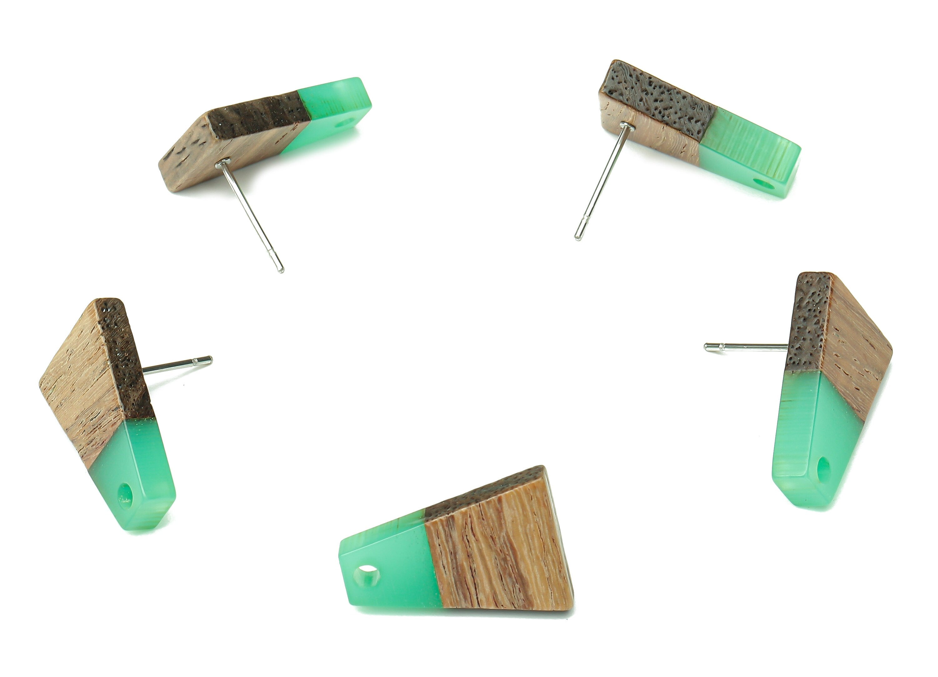 Natural Wooden Trapezoid Earring Stud - Walnut Wood Light Green Resin Earring Post - 316 Stainless Steel Stud - 17.86x12.37x2.5mm - BB1260N - DOMEDBAZAAR
