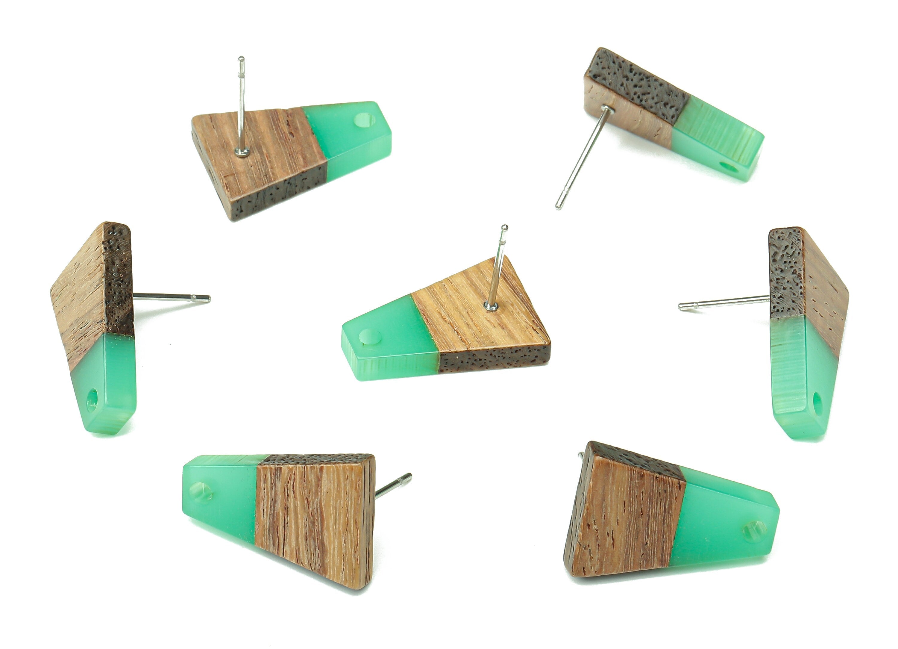 Natural Wooden Trapezoid Earring Stud - Walnut Wood Light Green Resin Earring Post - 316 Stainless Steel Stud - 17.86x12.37x2.5mm - BB1260N - DOMEDBAZAAR