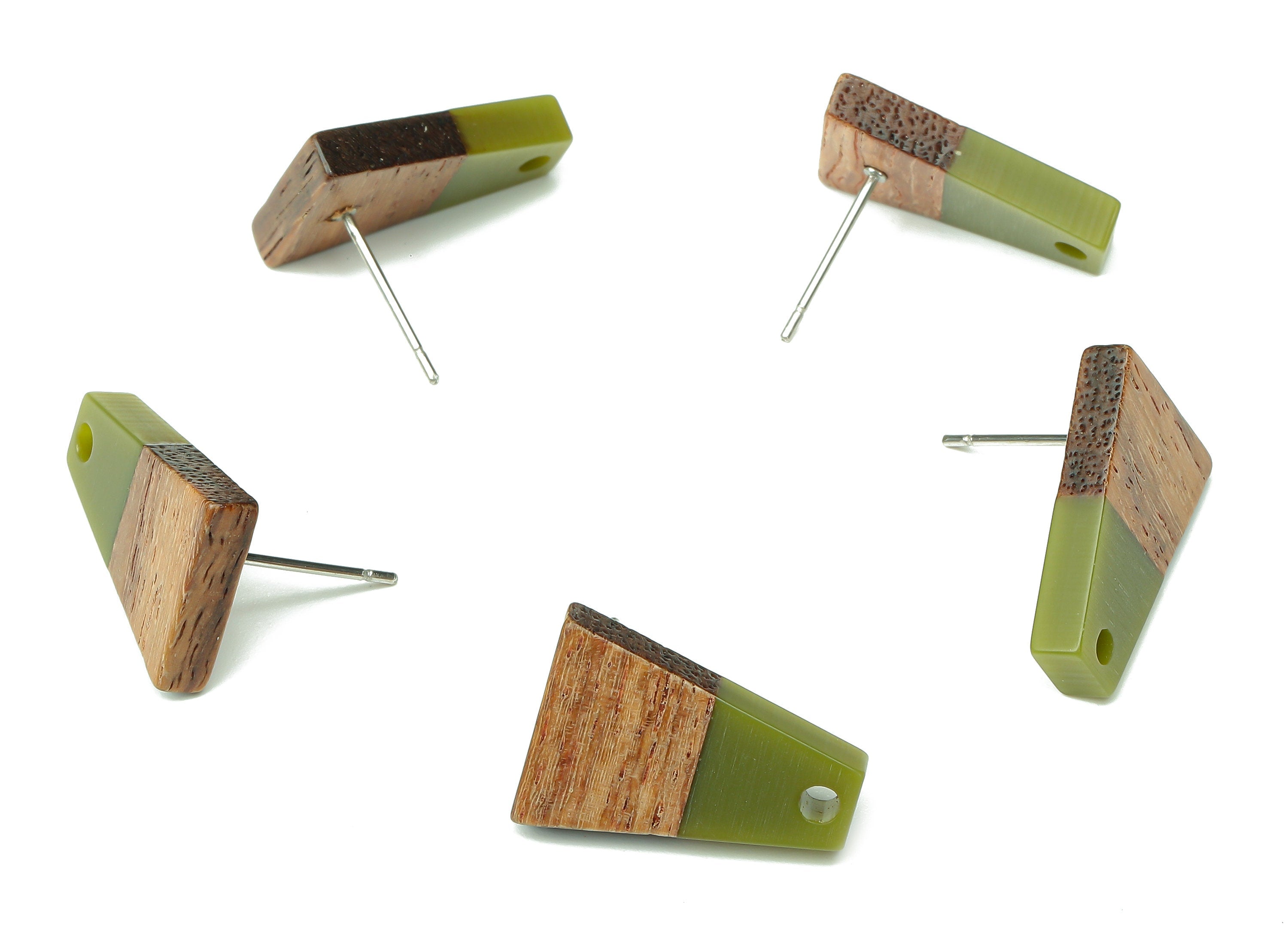 Natural Wooden Trapezoid Earring Stud - Walnut Wood Green Resin Earring Post - 316 Stainless Steel Stud - 17.86x12.37x2.5mm - BB1260S - DOMEDBAZAAR