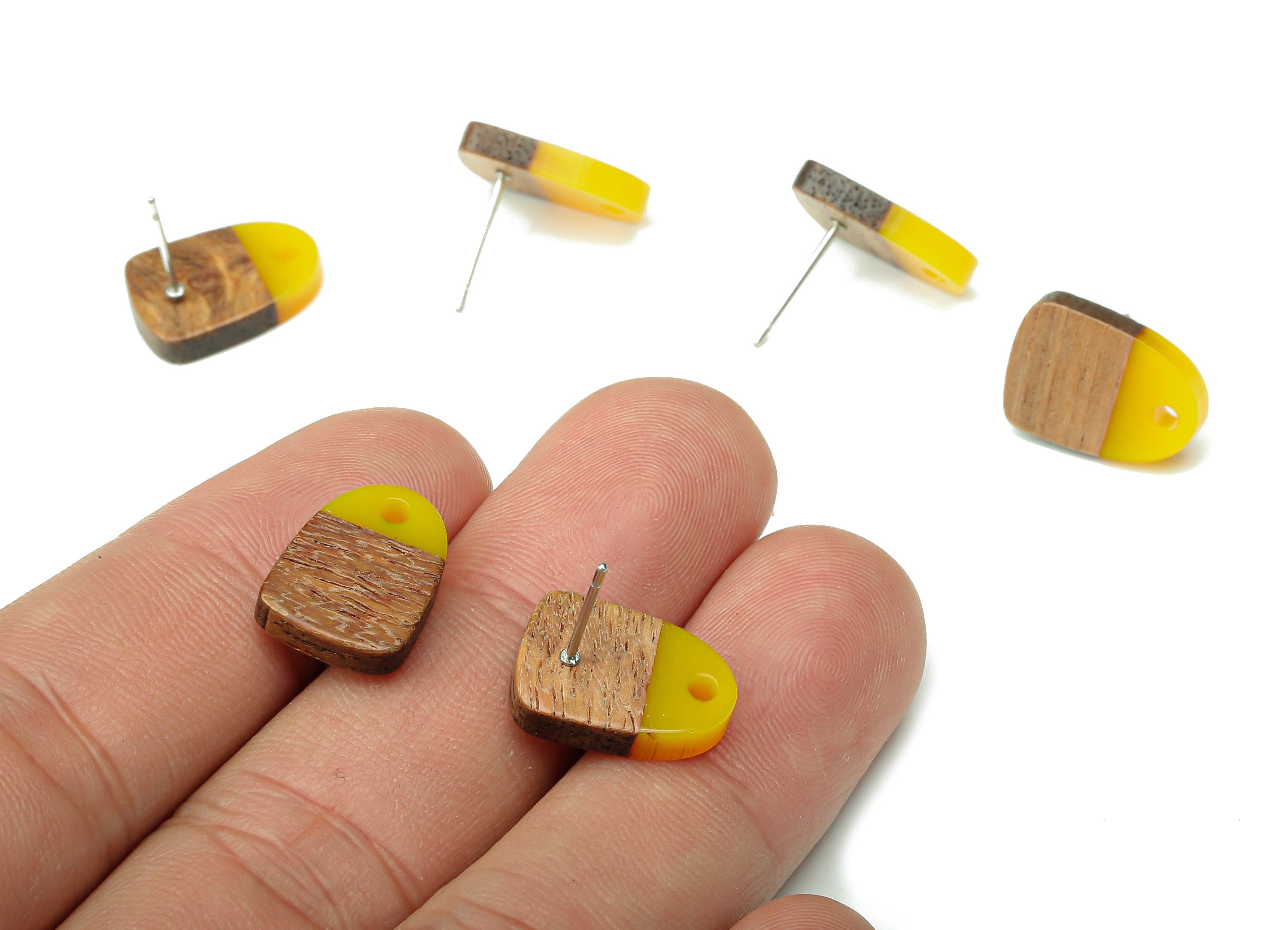 Natural Wooden Domed Earring Stud - Walnut Wood Yellow Resin Drop Earring Post - 316 Stainless Steel Stud - 15.18x11.01x3.18mm - BB1261K - DOMEDBAZAAR