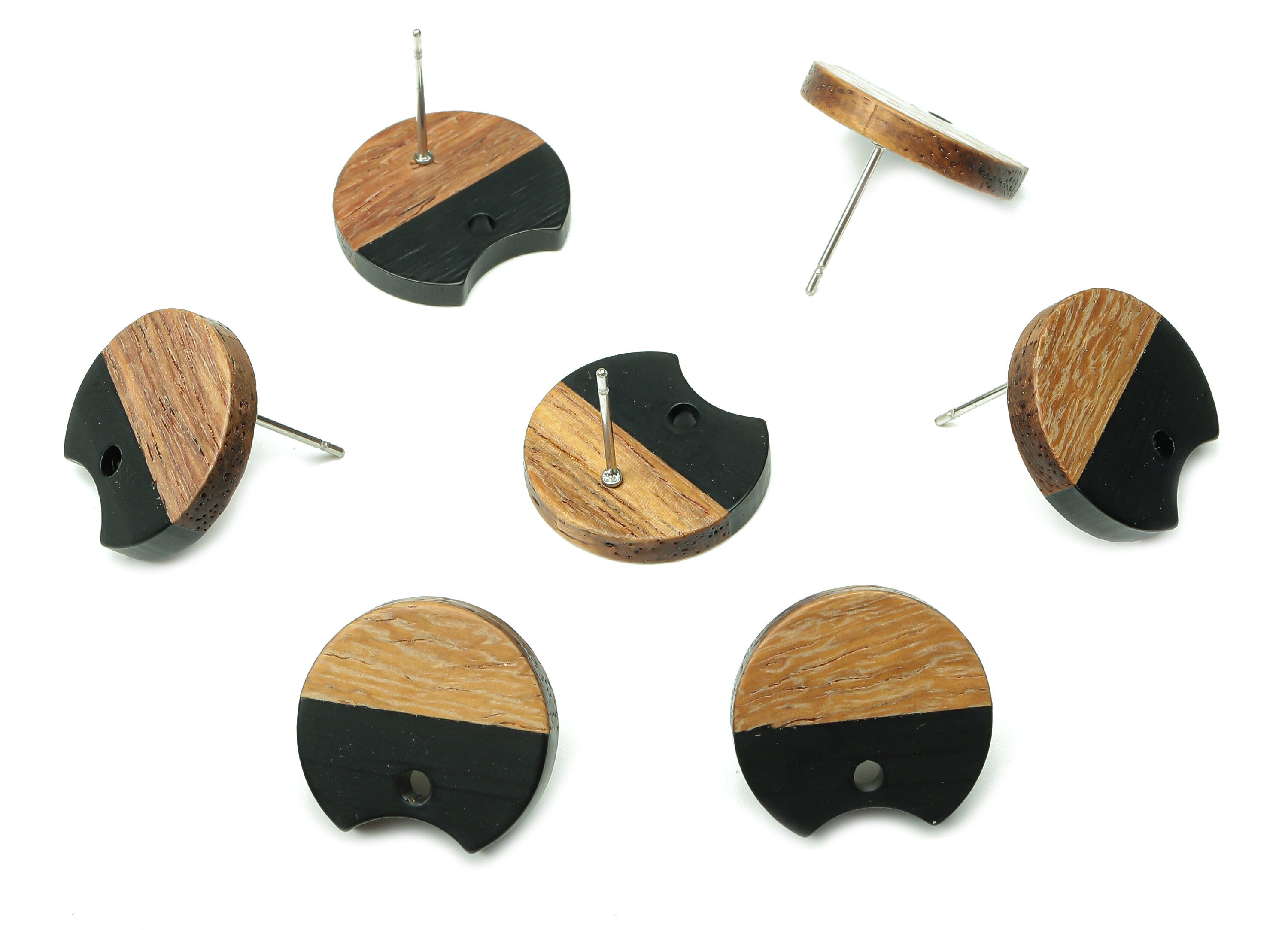 Natural Wooden Round Earring Stud - Walnut Wood Black Resin Circle Earring Post - 316 Stainless Steel Stud - 17x15.93x2.8mm - BB1262B - DOMEDBAZAAR