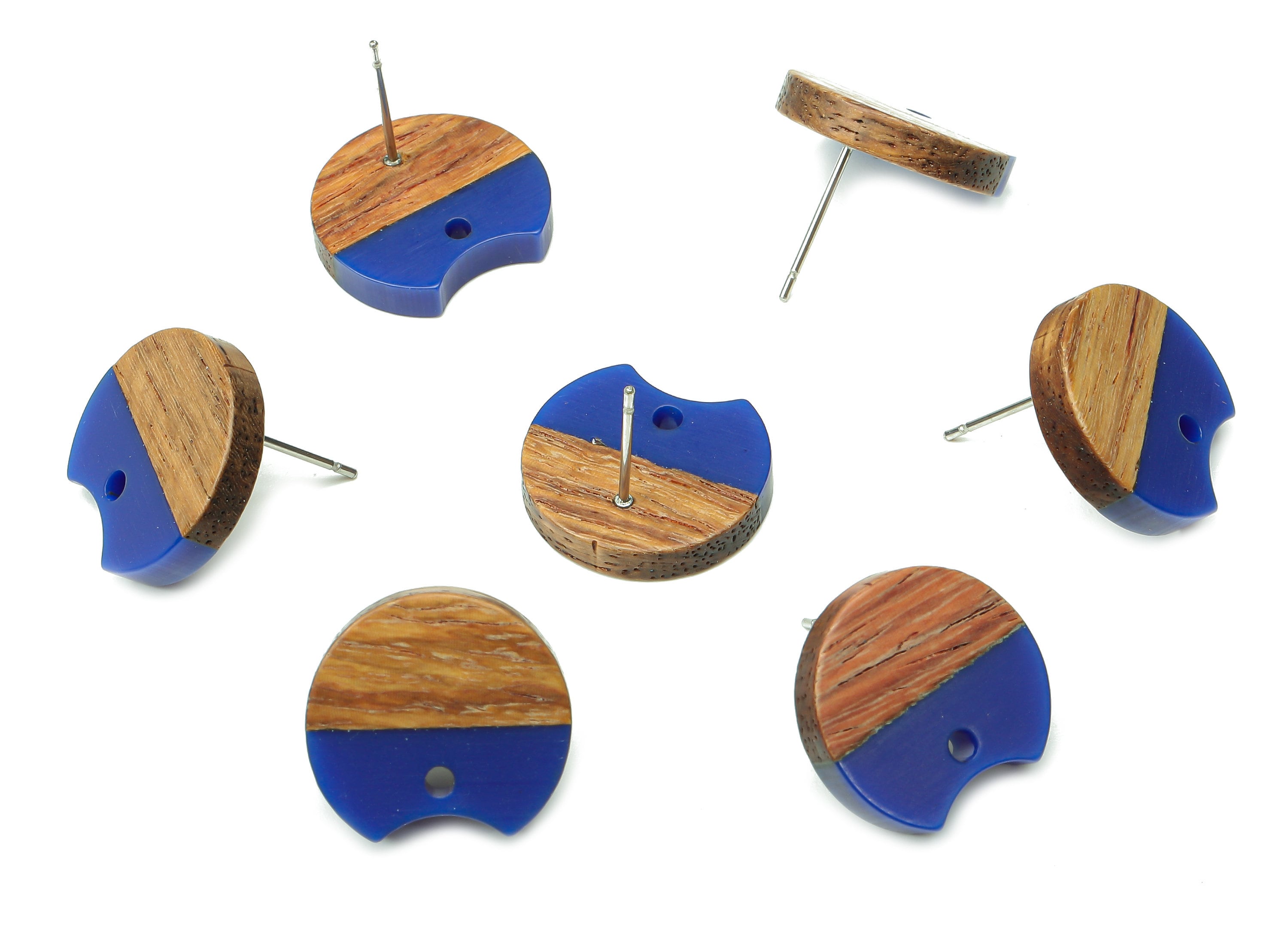 Natural Wooden Round Earring Stud - Walnut Wood Dark Blue Resin Circle Earring Post - 316 Stainless Steel Stud - 17x15.93x2.8mm - BB1262D - DOMEDBAZAAR