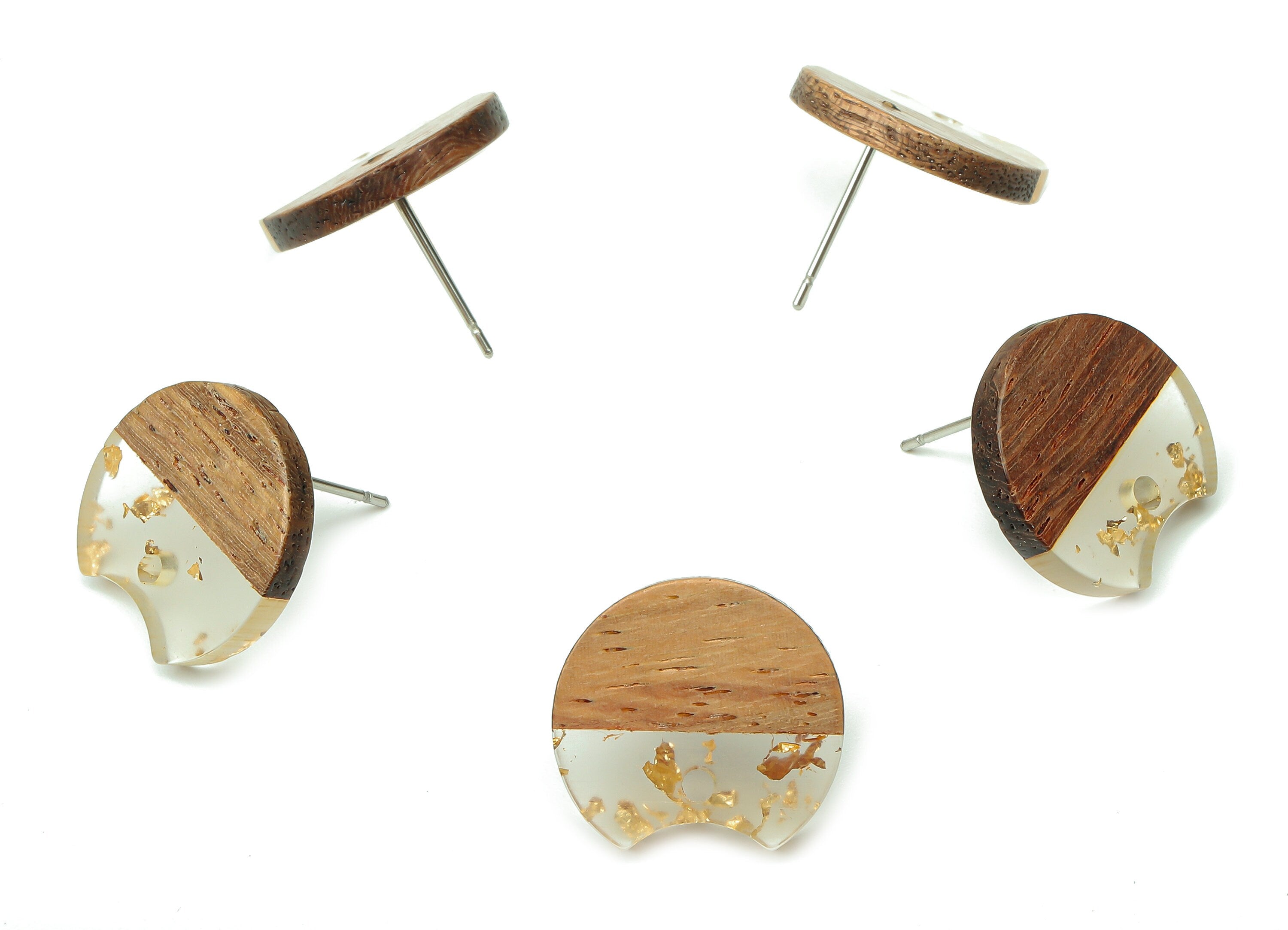 Natural Wooden Round Earring Stud - Walnut Wood Gold Foil Clear Resin Circle Earring Post - 316 Stainless Steel Stud -17x15.9x2.8mm -BB1262E - DOMEDBAZAAR