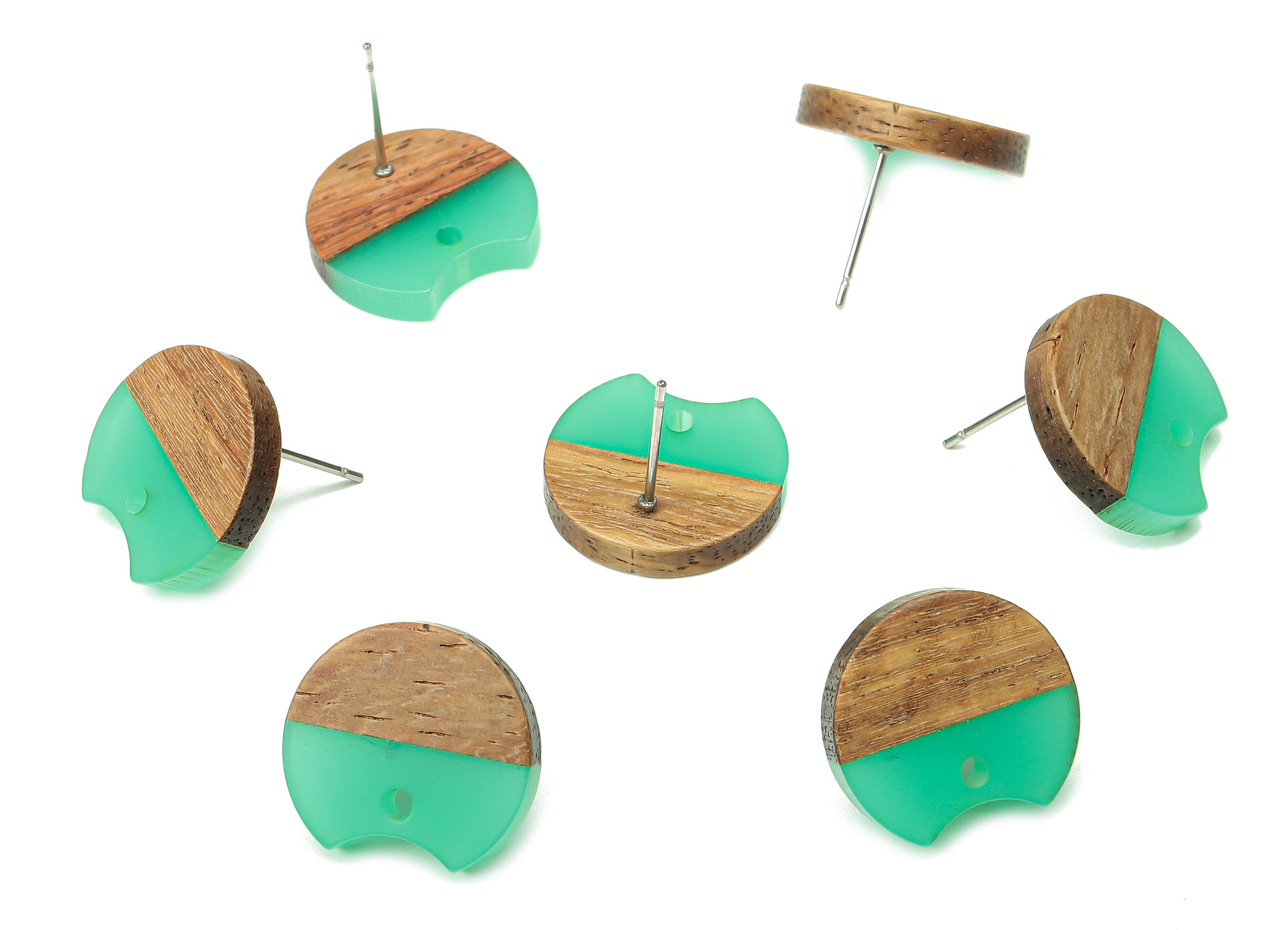Natural Wooden Round Earring Stud - Walnut Wood Green Resin Circle Earring Post - 316 Stainless Steel Stud - 17x15.93x2.8mm - BB1262H - DOMEDBAZAAR