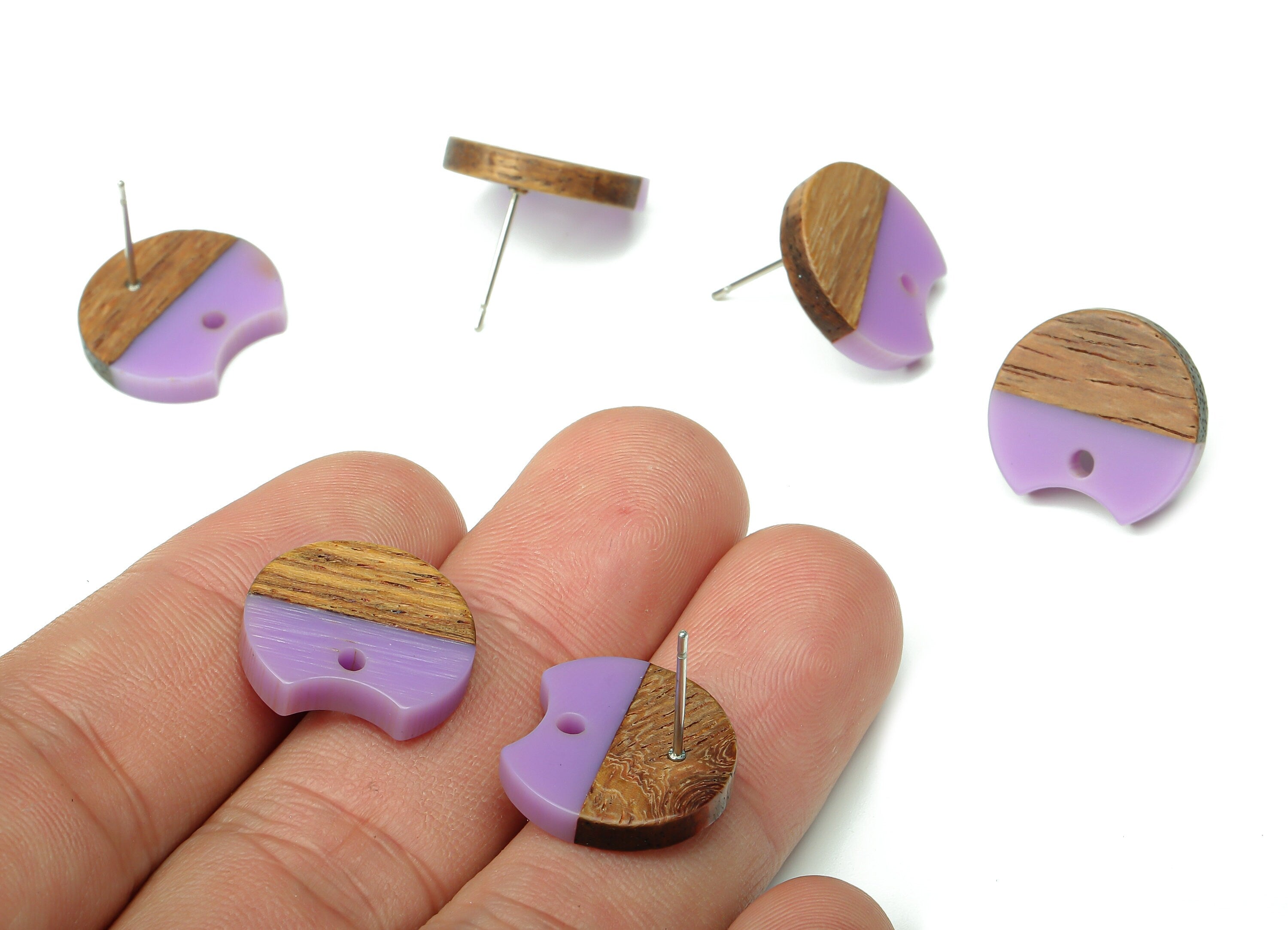 Natural Wooden Round Earring Stud - Walnut Wood Purple Resin Circle Earring Post - 316 Stainless Steel Stud - 17x15.93x2.8mm - BB1262F - DOMEDBAZAAR