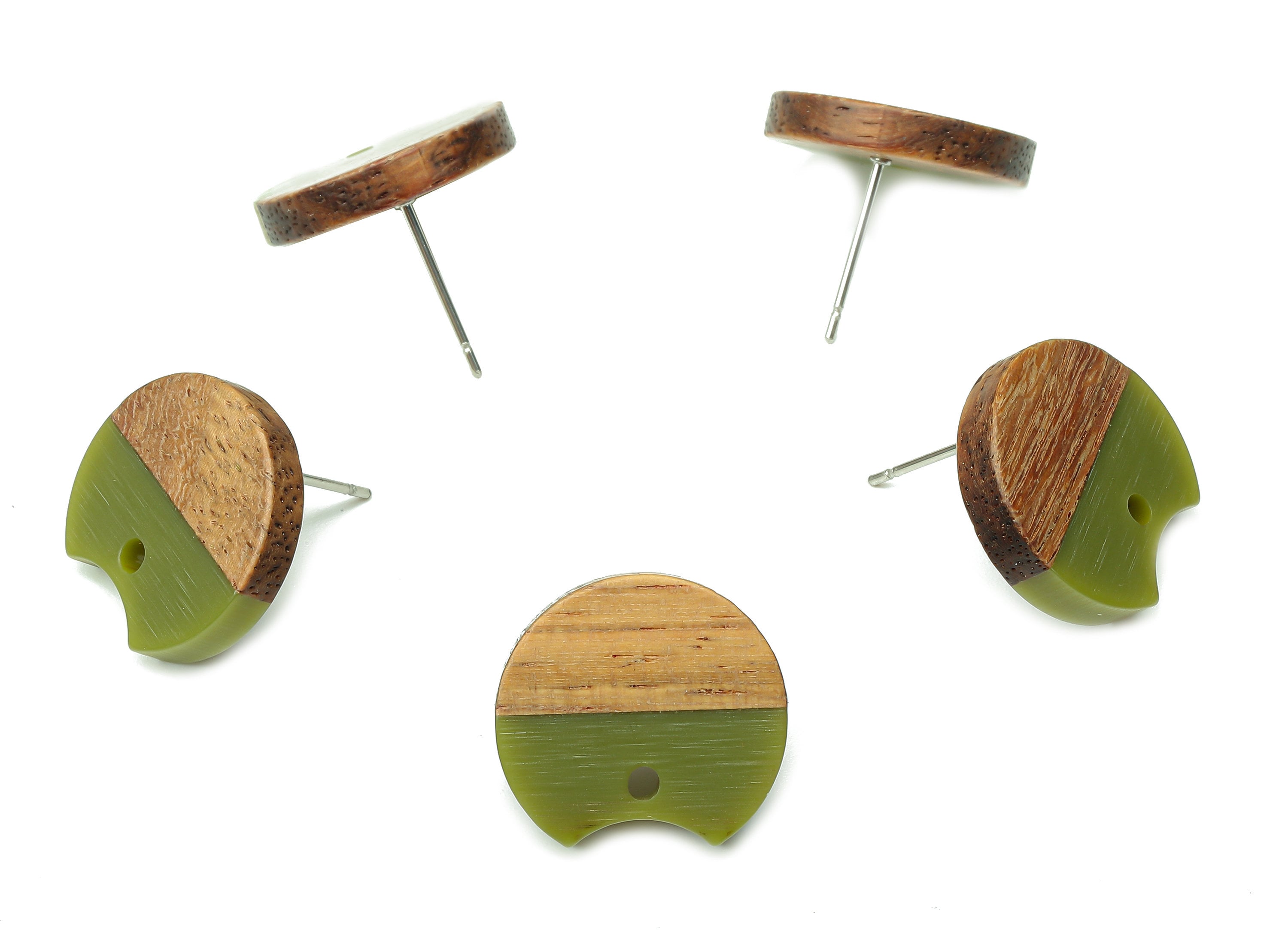 Natural Wooden Round Earring Stud - Walnut Wood Green Resin Circle Earring Post - 316 Stainless Steel Stud - 17x15.93x2.8mm - BB1262N - DOMEDBAZAAR