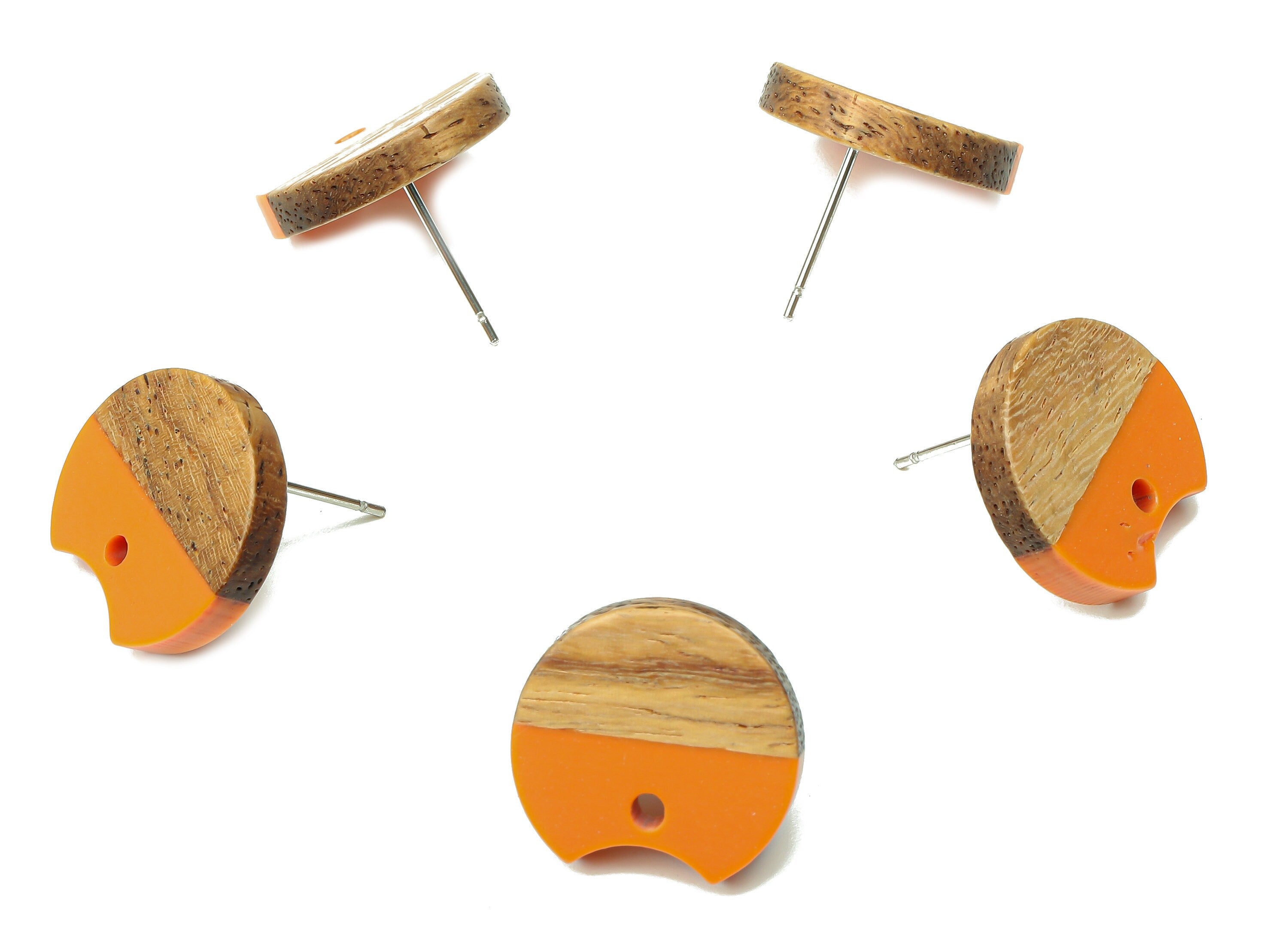 Natural Wooden Round Earring Stud - Walnut Wood Orange Resin Circle Earring Post - 316 Stainless Steel Stud - 17x15.93x2.8mm - BB1262R - DOMEDBAZAAR
