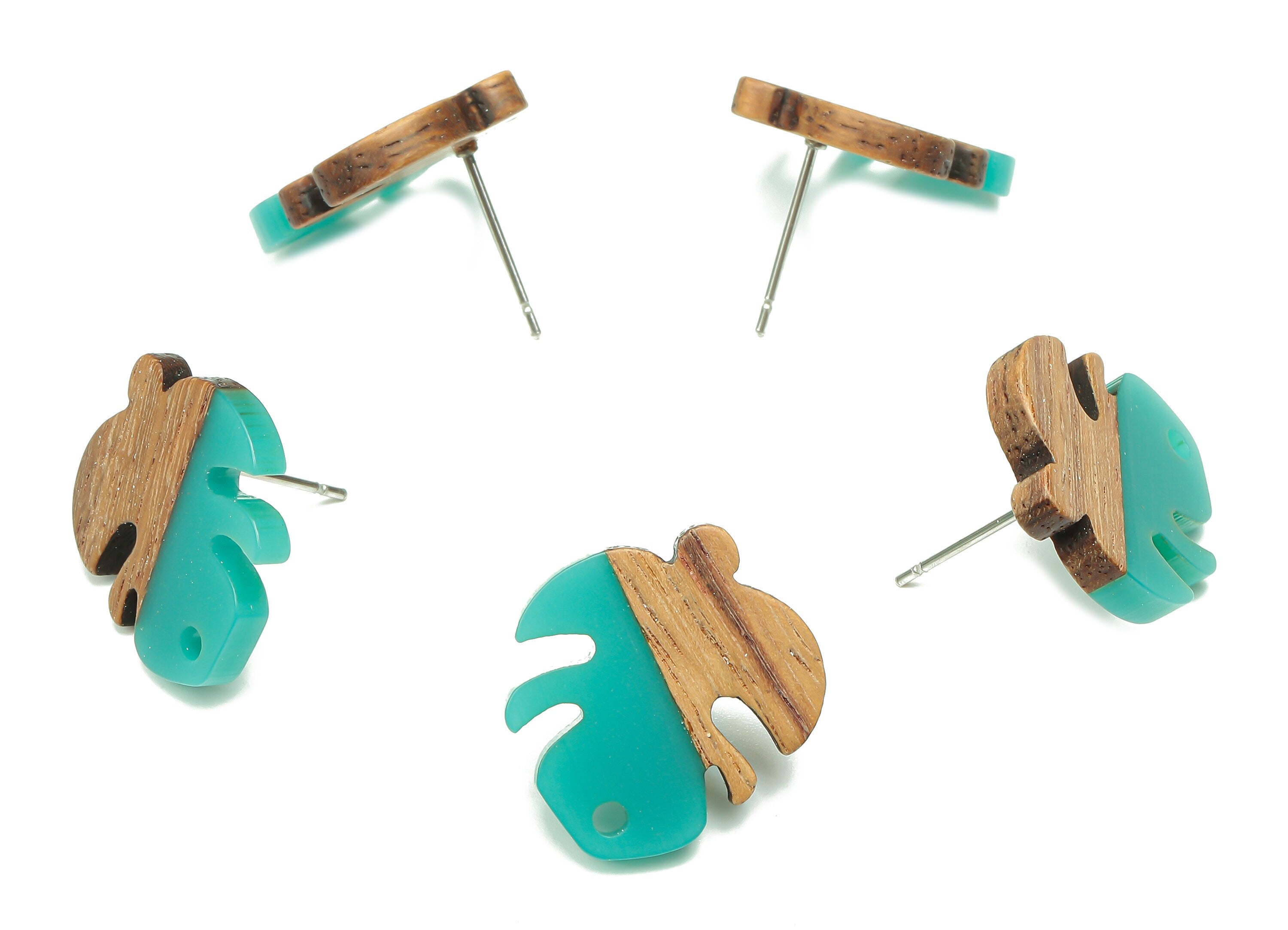 Natural Wooden Leaf Earring Stud - Walnut Wood Green Resin Monstera Earring Post - 316 Stainless Steel Stud - 19.38x17.07x2.48mm - BB1255A - DOMEDBAZAAR