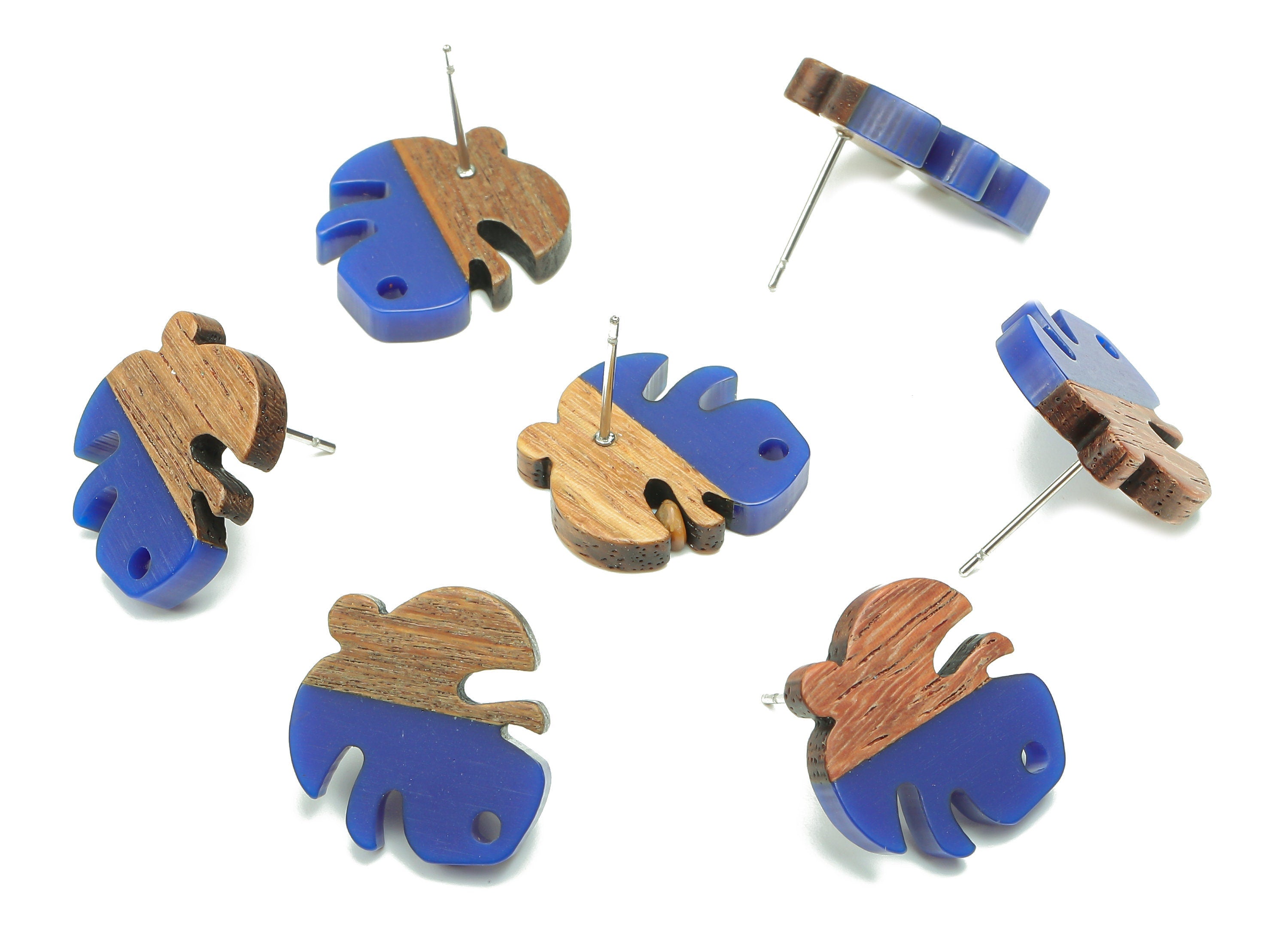 Natural Wooden Leaf Earring Stud - Walnut Wood Dark Blue Resin Monstera Earring Post - 316 Stainless Steel Stud - 19.38x17.1x2.5mm - BB1255C - DOMEDBAZAAR