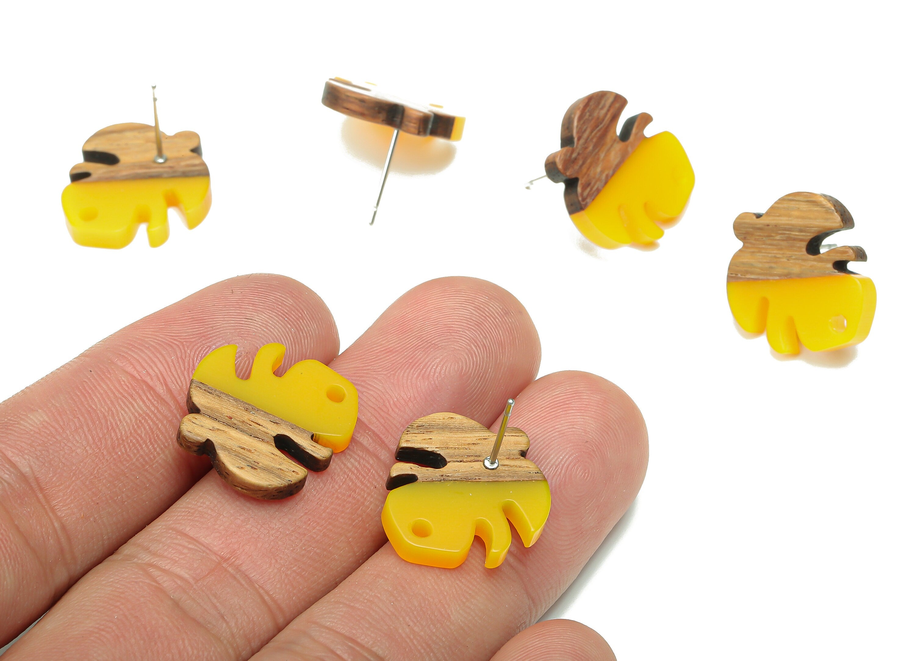 Natural Wooden Leaf Earring Stud - Walnut Wood Yellow Resin Monstera Earring Post - 316 Stainless Steel Stud - 19.38x17.07x2.48mm - BB1255G - DOMEDBAZAAR