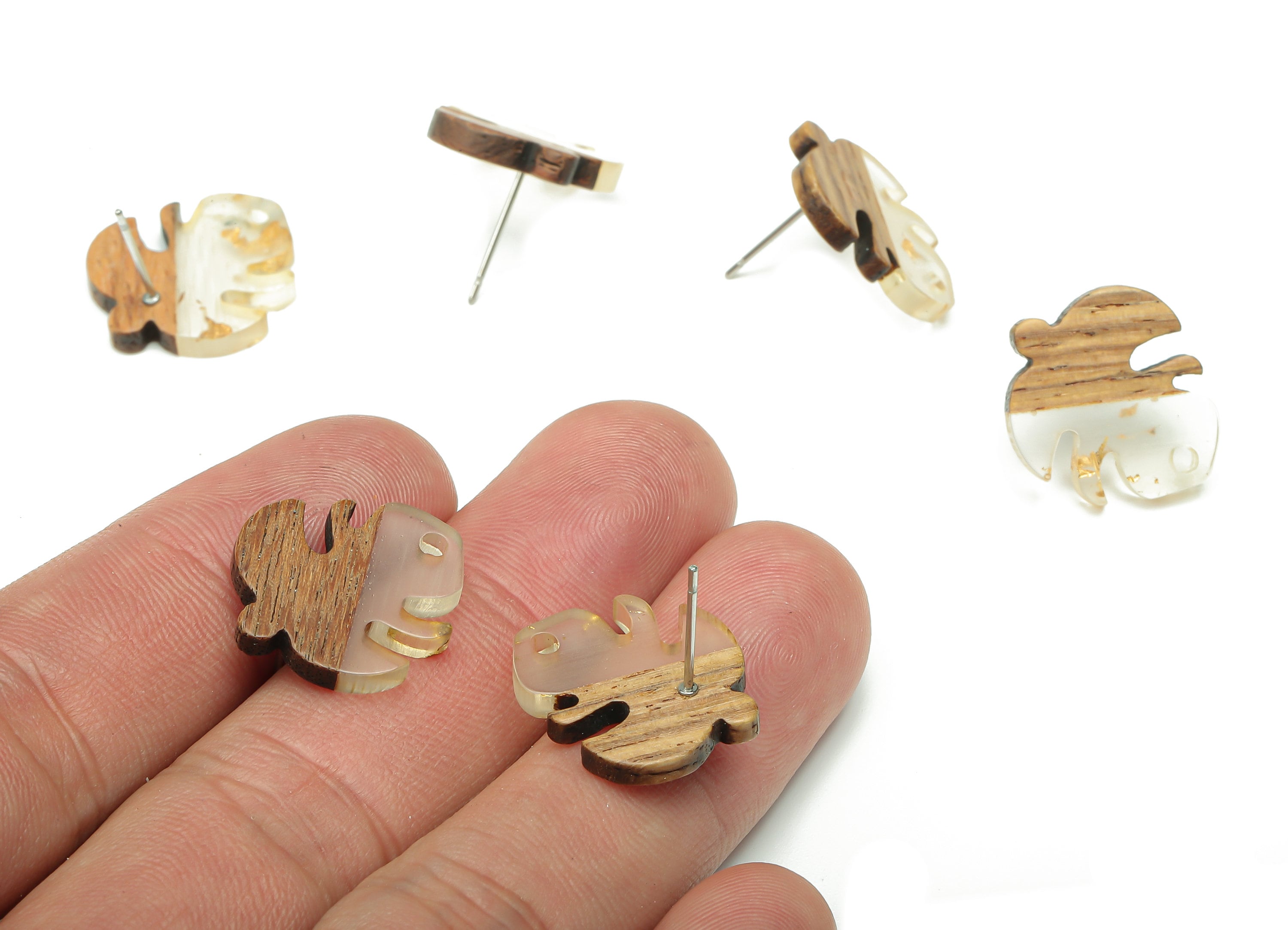 Natural Wooden Leaf Earring Stud - Walnut Wood Gold Foil Clear Resin Monstera Earring Post -316 Stainless Steel Stud-19.4x17.1x2.5mm-BB1255H - DOMEDBAZAAR
