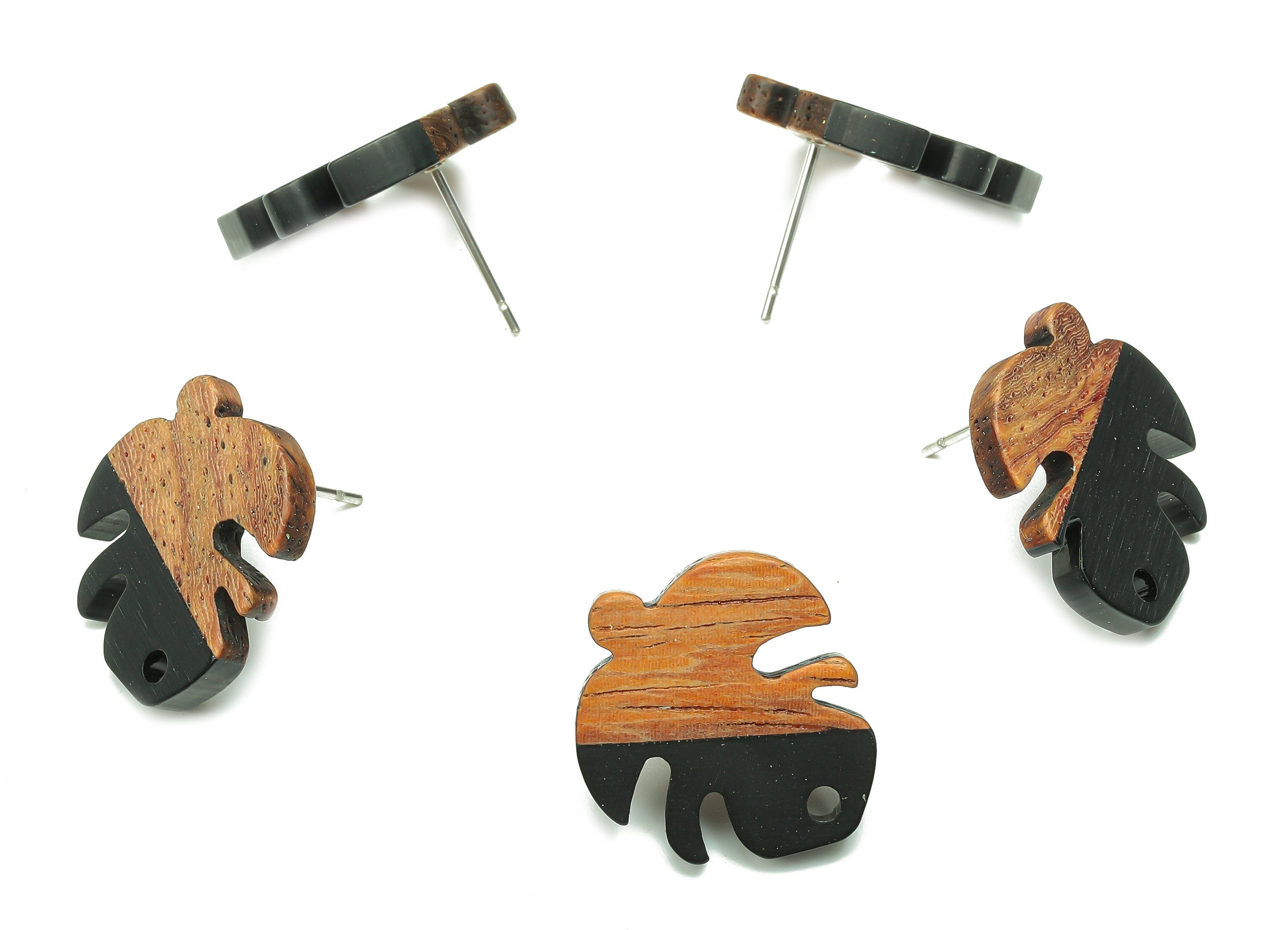 Natural Wooden Leaf Earring Stud - Walnut Wood Black Resin Monstera Earring Post - 316 Stainless Steel Stud - 19.38x17.07x2.48mm - BB1255S - DOMEDBAZAAR