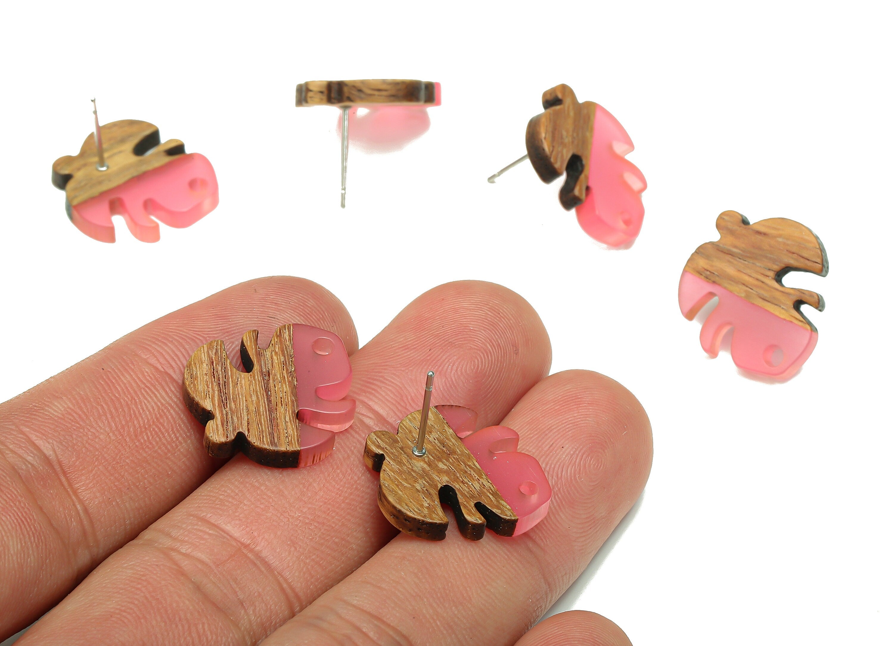 Natural Wooden Leaf Earring Stud - Walnut Wood Clear Red Resin Monstera Earring Post - 316 Stainless Steel Stud - 19.4x17.1x2.48mm - BB1255M - DOMEDBAZAAR