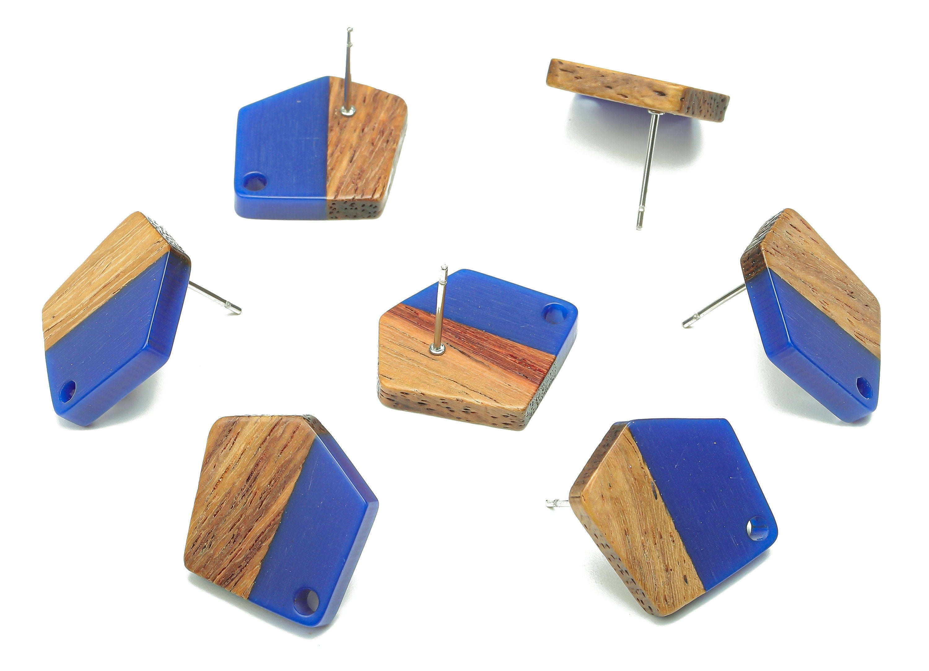 Natural Wooden Pentagon Earring Stud - Walnut Wood Blue Resin Irregular Earring Post - 316 Stainless Steel Stud - 20.7x17.6x3.1mm - BB1256A - DOMEDBAZAAR