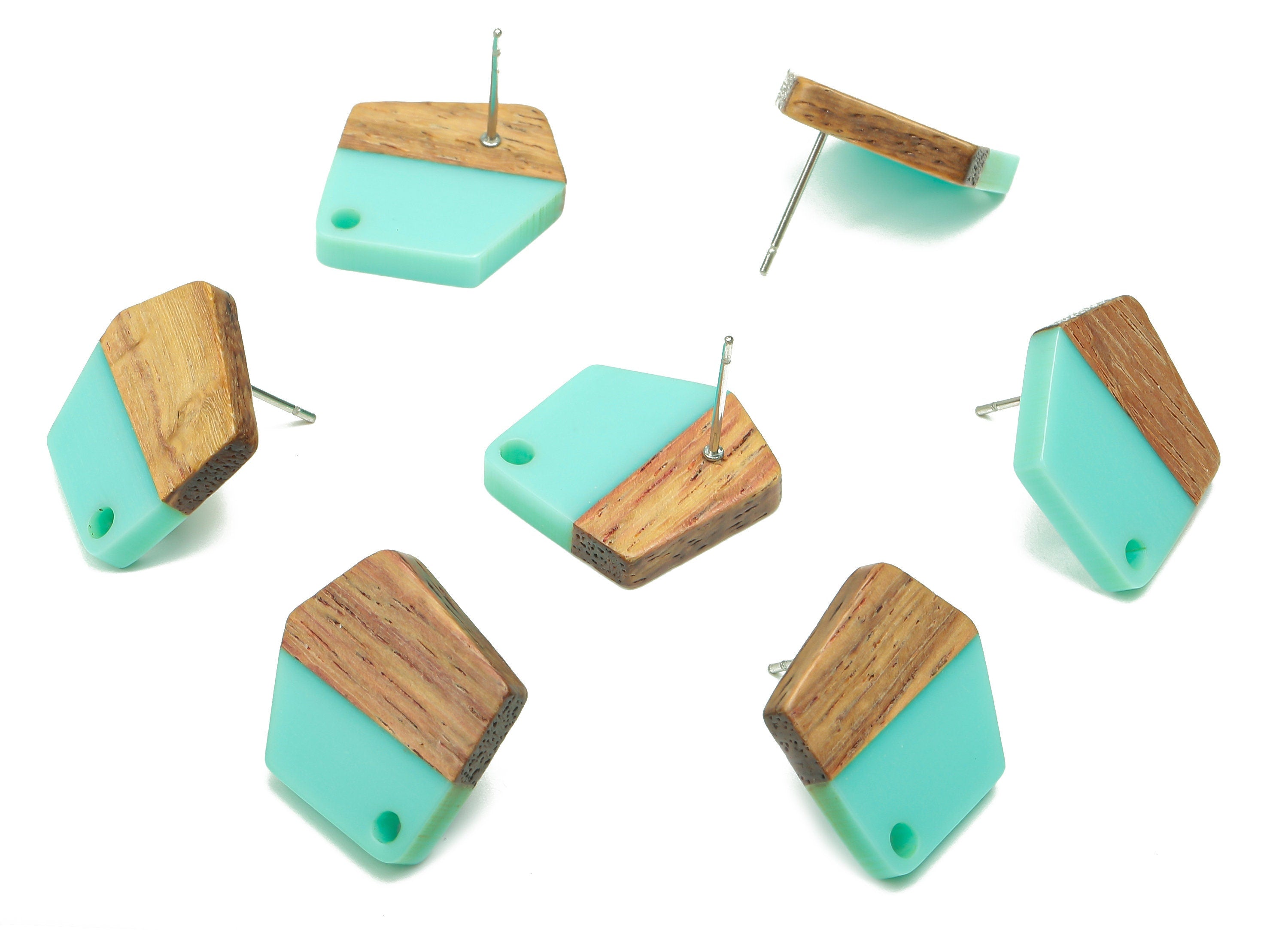 Natural Wooden Pentagon Earring Stud - Walnut Wood Aqua Resin Irregular Earring Post - 316 Stainless Steel Stud - 20.7x17.6x3.1mm - BB1256B - DOMEDBAZAAR