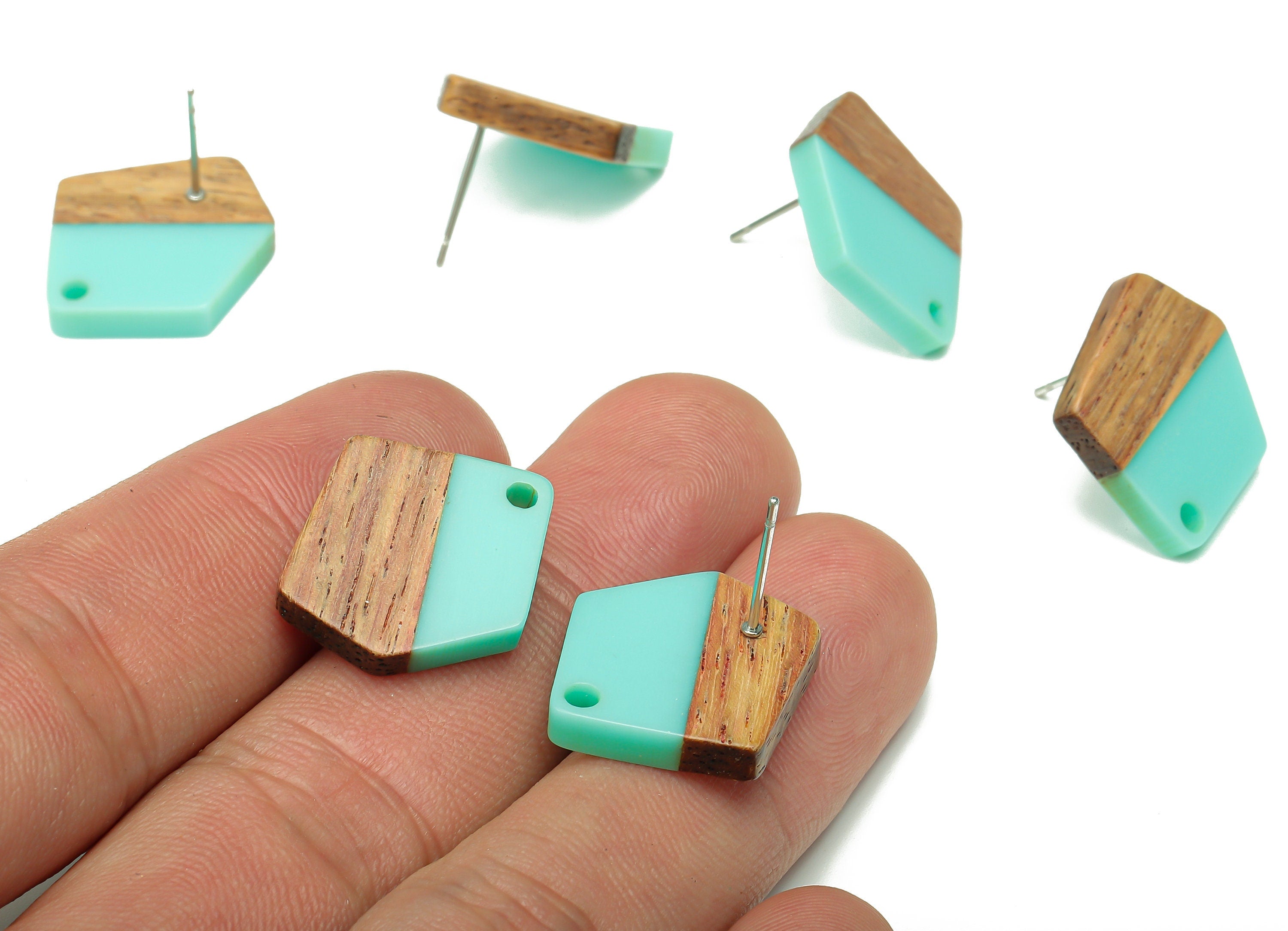 Natural Wooden Pentagon Earring Stud - Walnut Wood Aqua Resin Irregular Earring Post - 316 Stainless Steel Stud - 20.7x17.6x3.1mm - BB1256B - DOMEDBAZAAR