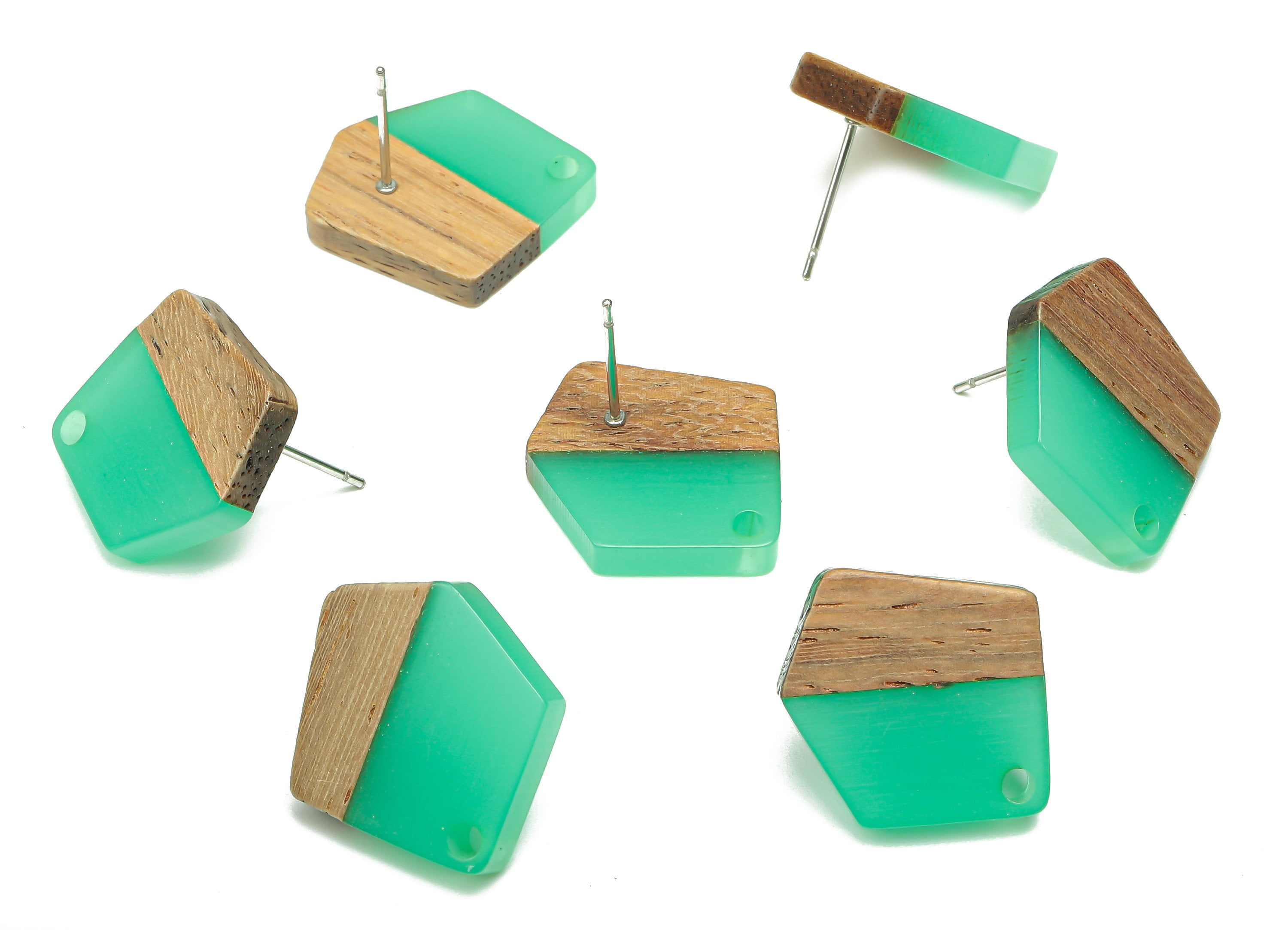 Natural Wooden Pentagon Earring Stud - Walnut Wood Light Green Resin Irregular Earring - 316 Stainless Steel Stud - 20.7x17.6x3.1mm -BB1256G - DOMEDBAZAAR