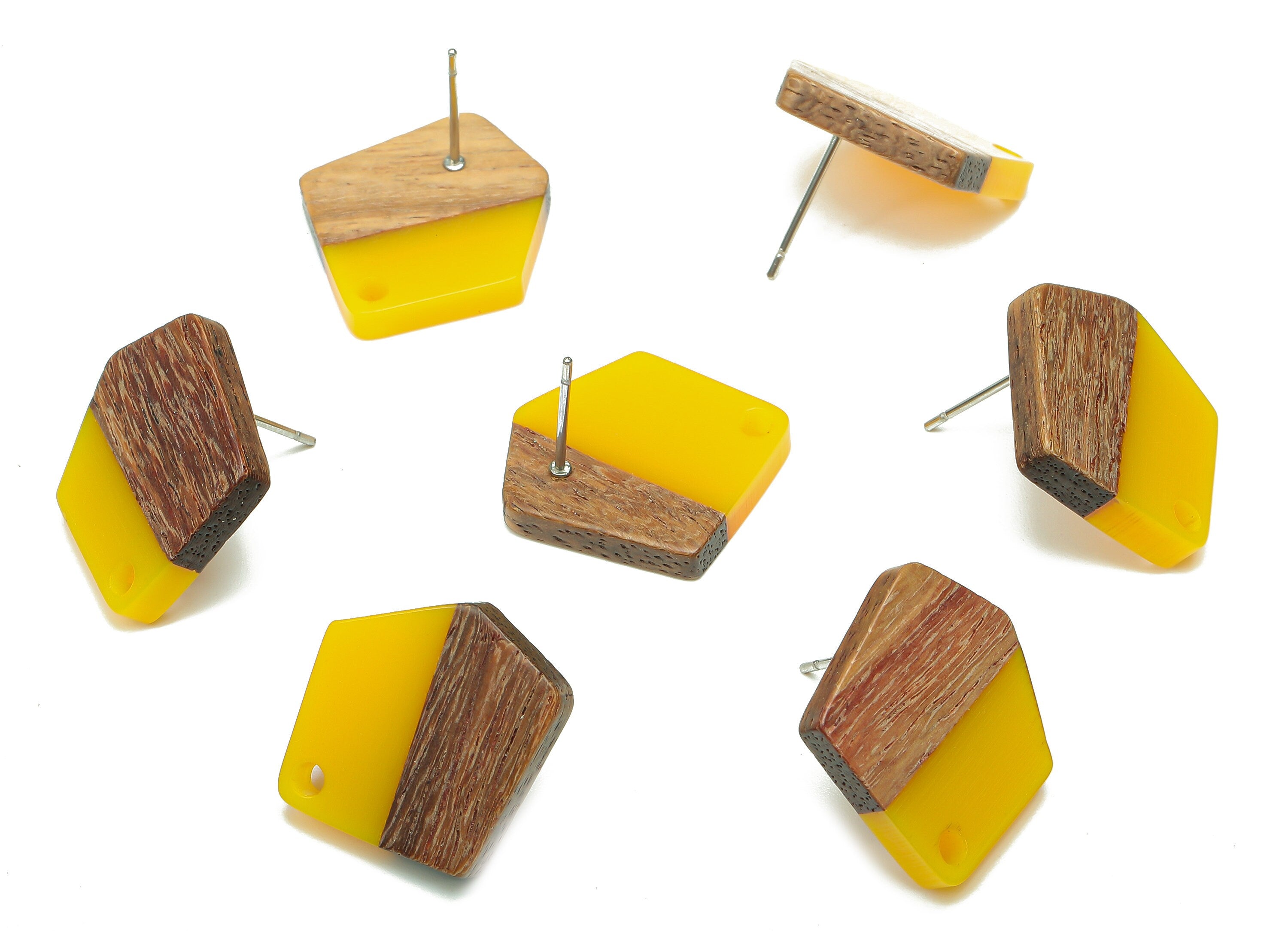 Natural Wooden Pentagon Earring Stud - Walnut Wood Yellow Resin Irregular Earring Post - 316 Stainless Steel Stud - 20.7x17.6x3.1mm -BB1256P - DOMEDBAZAAR