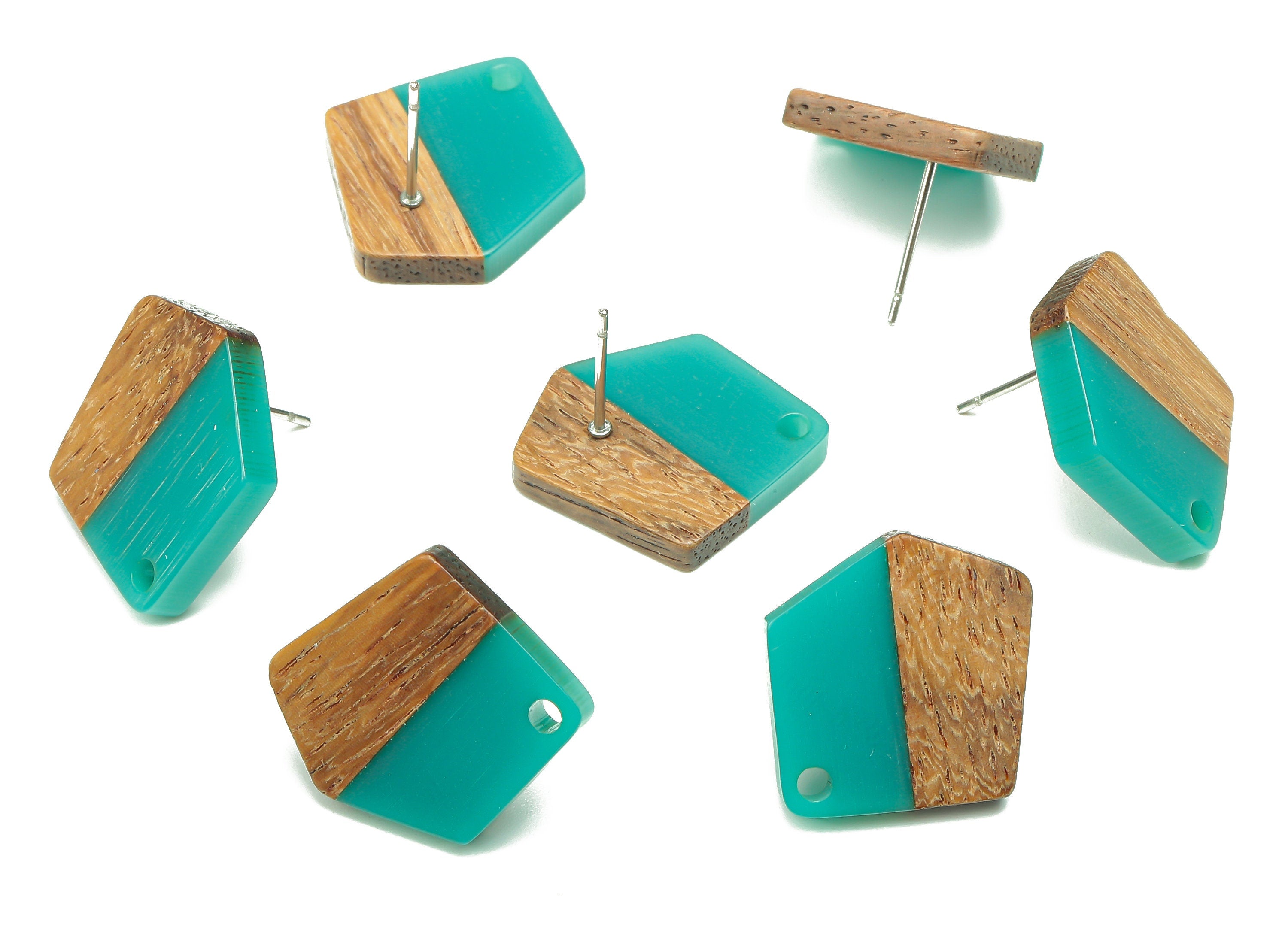 Natural Wooden Pentagon Earring Stud - Walnut Wood Petrol Resin Irregular Earring Post - 316 Stainless Steel Stud - 20.7x17.6x3.1mm -BB1256N - DOMEDBAZAAR