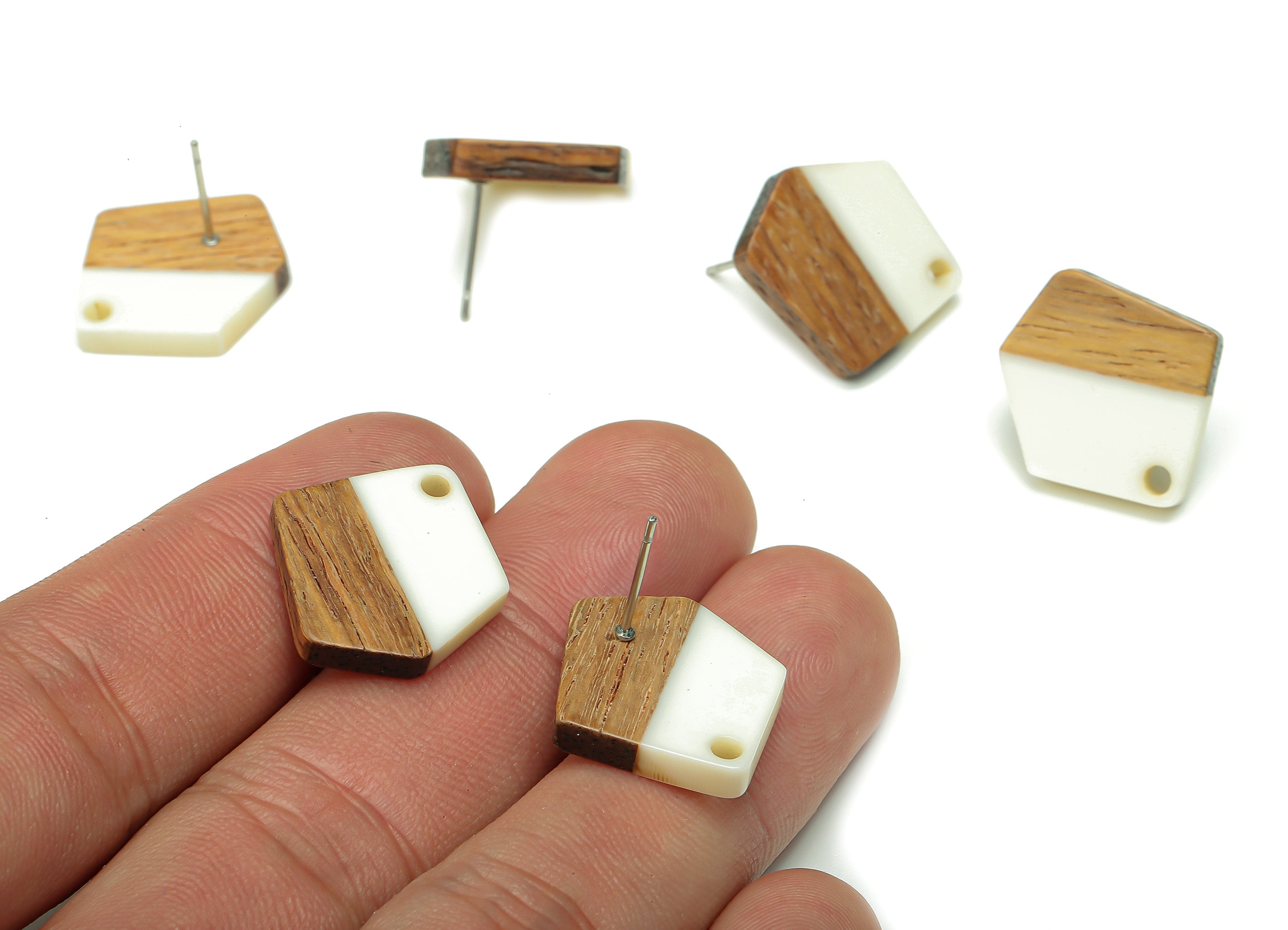 Natural Wooden Pentagon Earring Stud - Walnut Wood White Resin Irregular Earring Post - 316 Stainless Steel Stud - 20.7x17.6x3.1mm - BB1256M - DOMEDBAZAAR