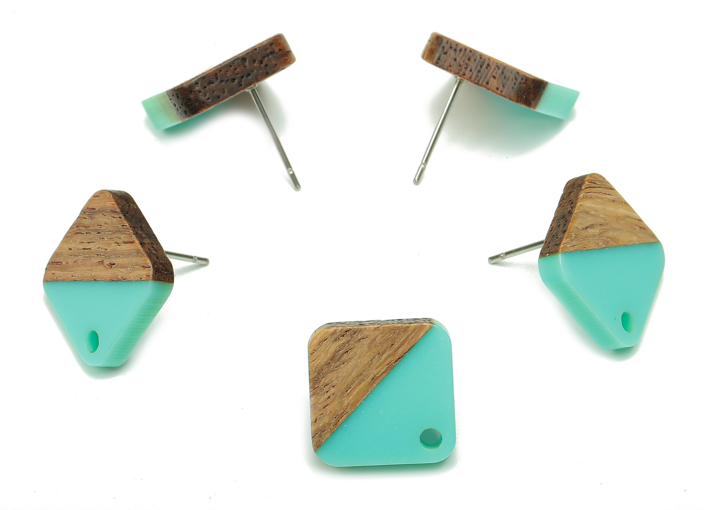 Natural Wooden Diamond Earring Stud - Walnut Wood Rhombus Aqua Resin Earring Post - 316 Stainless Steel Stud - 17.14x17.14x2.95mm - BB1257A - DOMEDBAZAAR