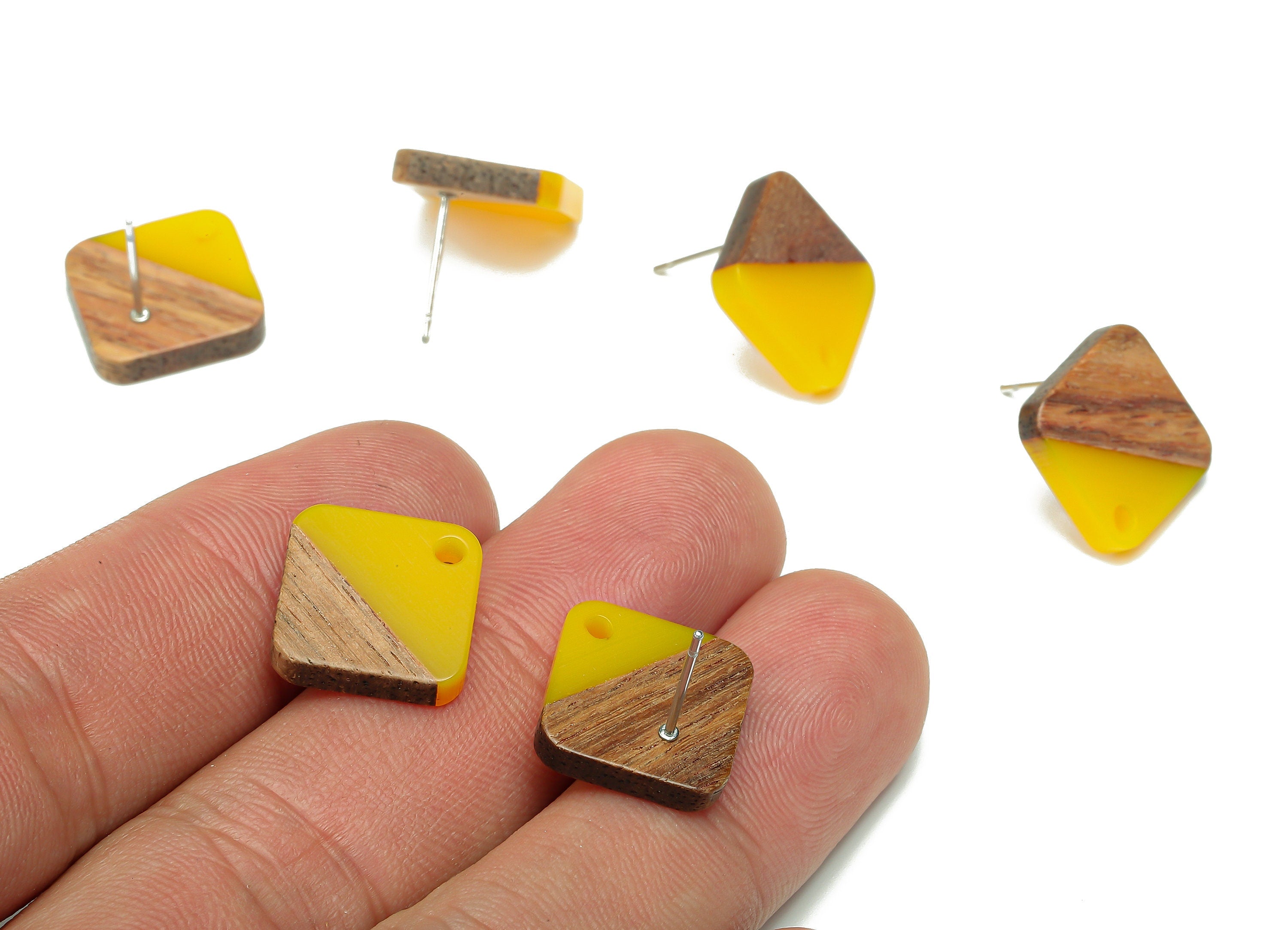 Natural Wooden Diamond Earring Stud - Walnut Wood Rhombus Yellow Resin Earring Post - 316 Stainless Steel Stud - 17.14x17.14x2.95mm -BB1257J - DOMEDBAZAAR