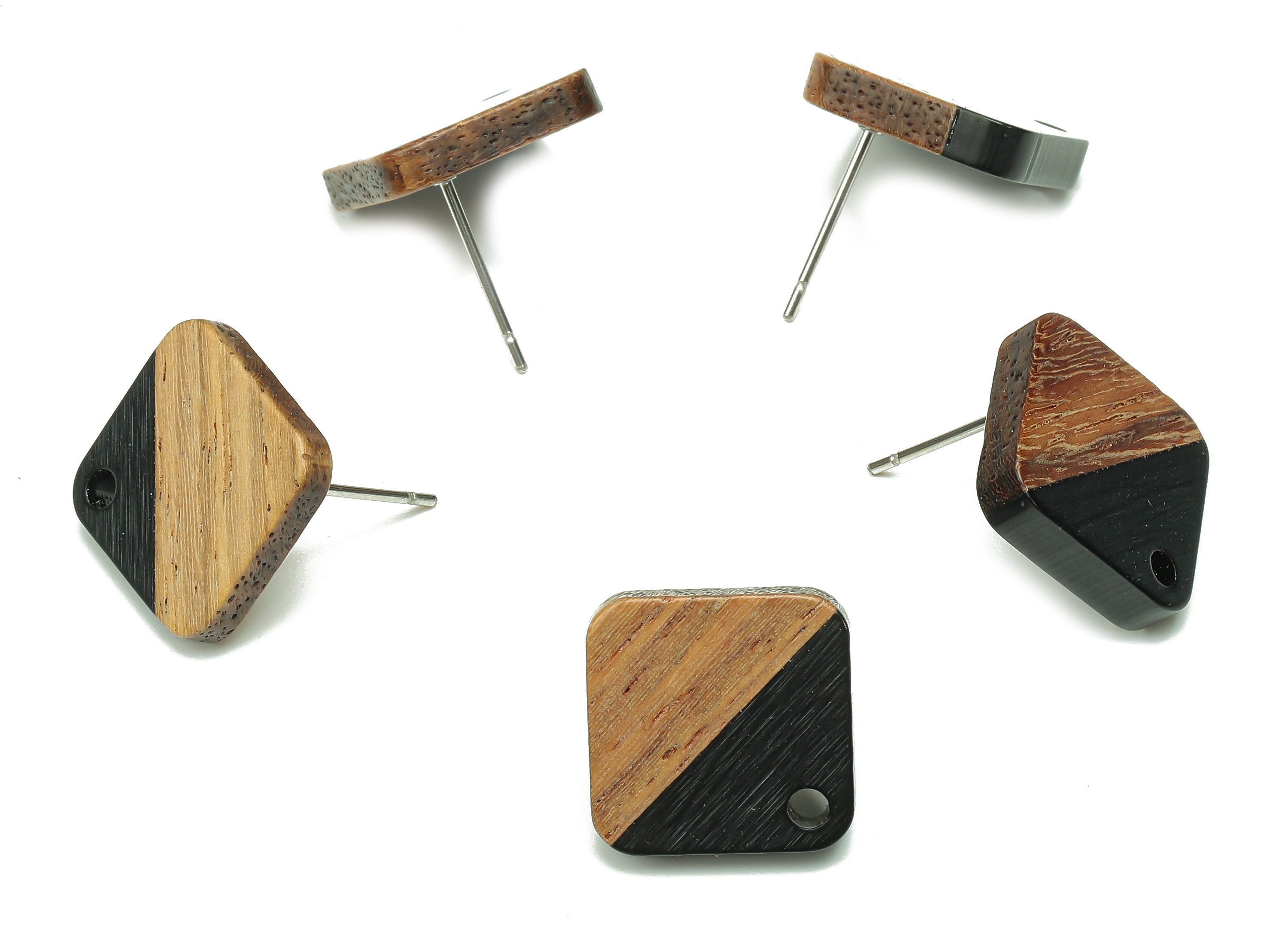 Natural Wooden Diamond Earring Stud - Walnut Wood Rhombus Black Resin Earring Post - 316 Stainless Steel Stud - 17.14x17.14x2.95mm - BB1257K - DOMEDBAZAAR