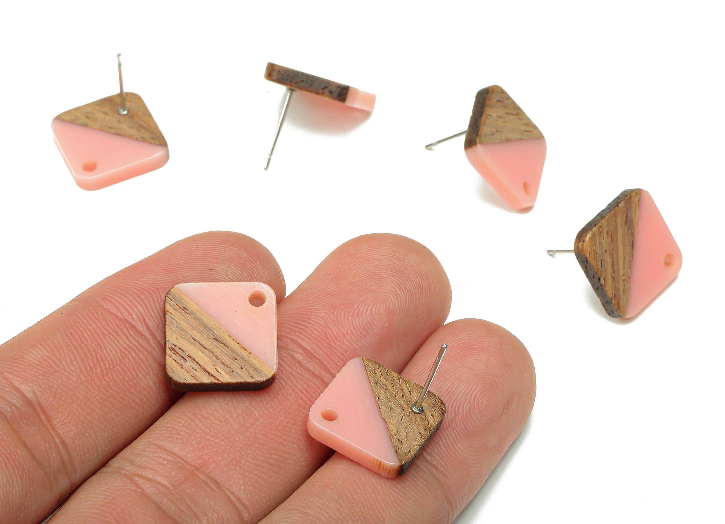 Natural Wooden Diamond Earring Stud - Walnut Wood Rhombus Pink Resin Earring Post - 316 Stainless Steel Stud - 17.14x17.14x2.95mm - BB1257L - DOMEDBAZAAR