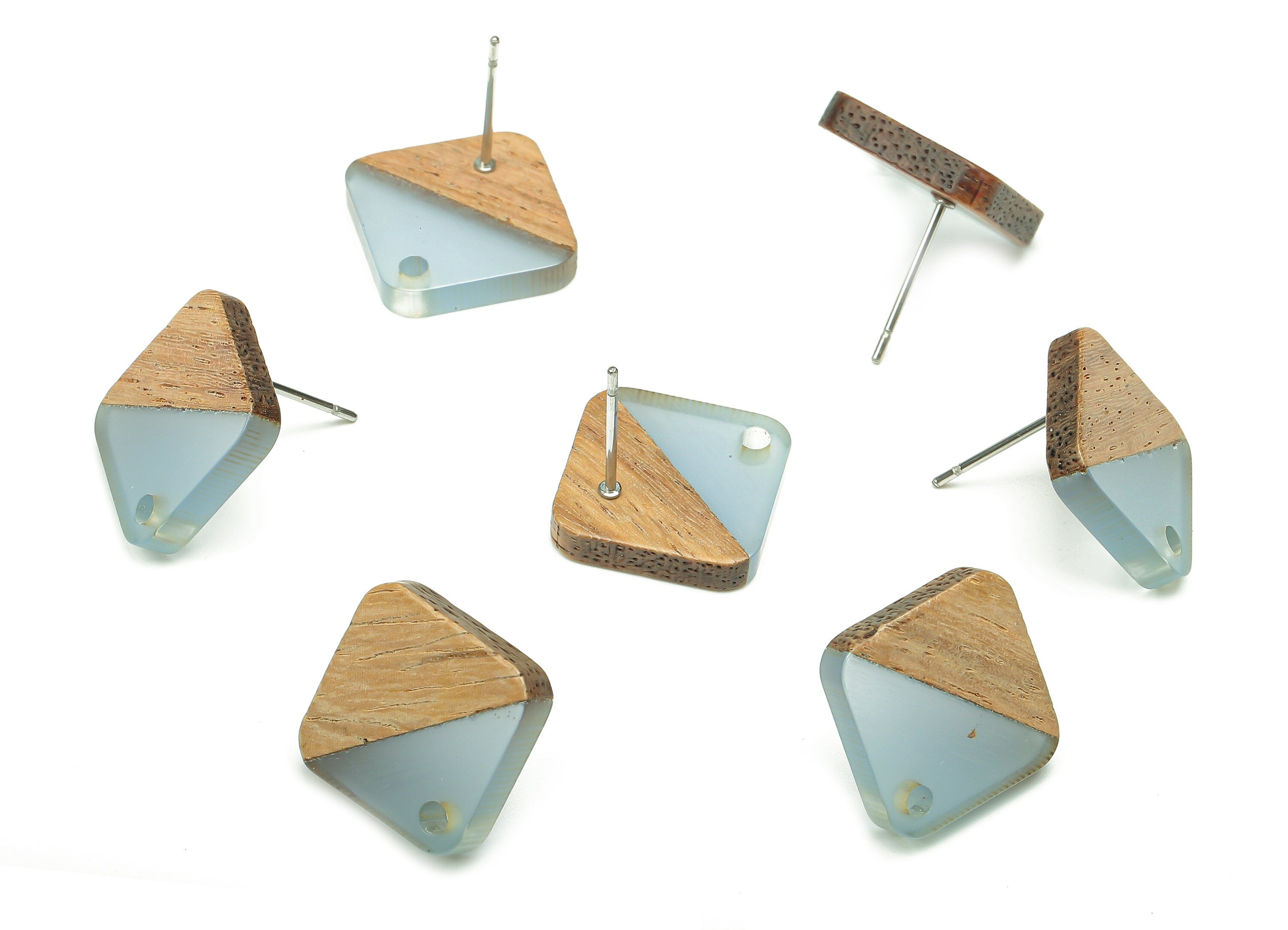 Natural Wooden Diamond Earring Stud - Walnut Wood Rhombus Clear Blue Resin Earring Post - 316 Stainless Steel Stud -17.1x17.1x2.95mm-BB1257P - DOMEDBAZAAR