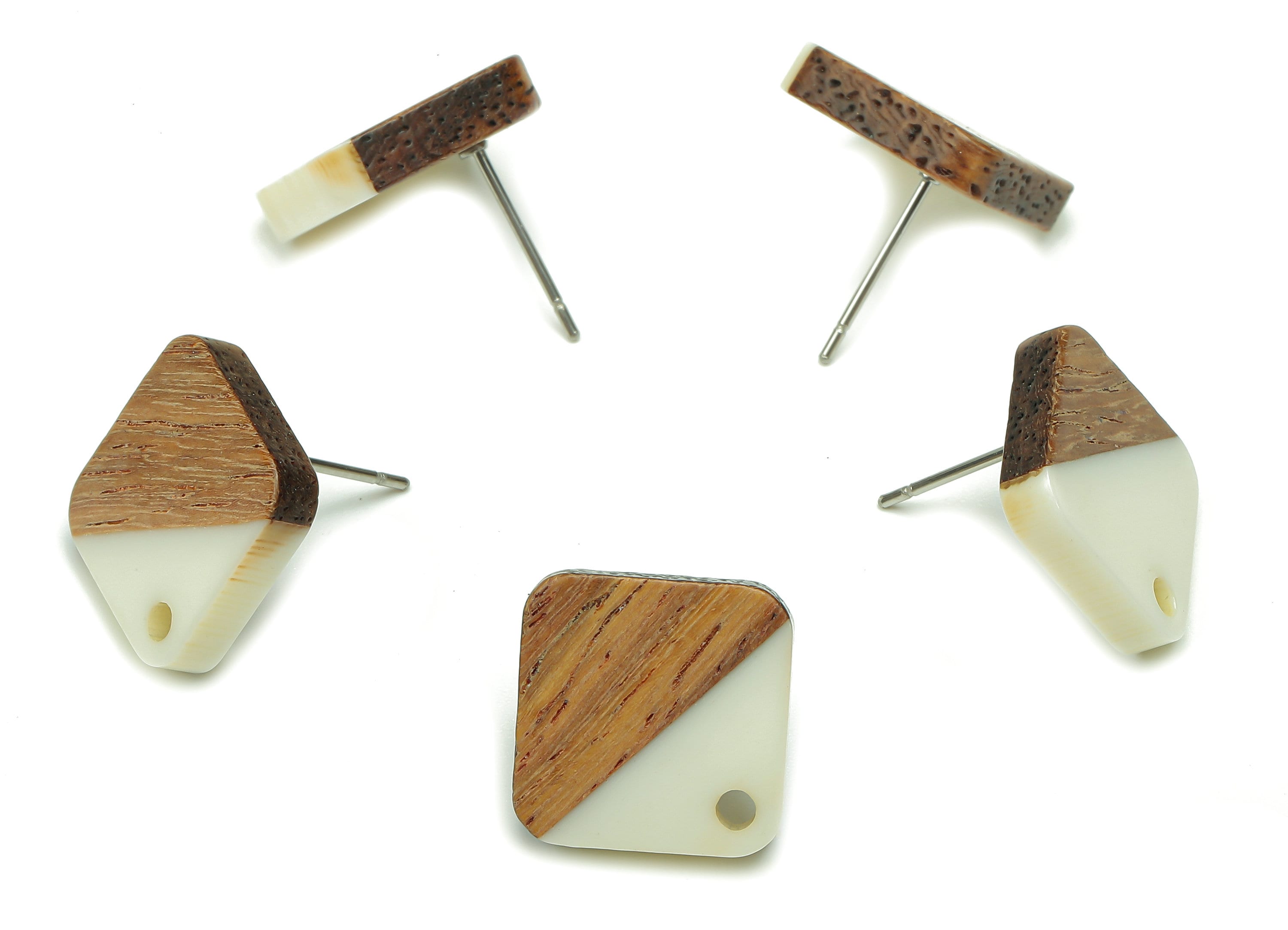 Natural Wooden Diamond Earring Stud - Walnut Wood Rhombus White Resin Earring Post - 316 Stainless Steel Stud - 17.14x17.14x2.95mm - BB1257R - DOMEDBAZAAR