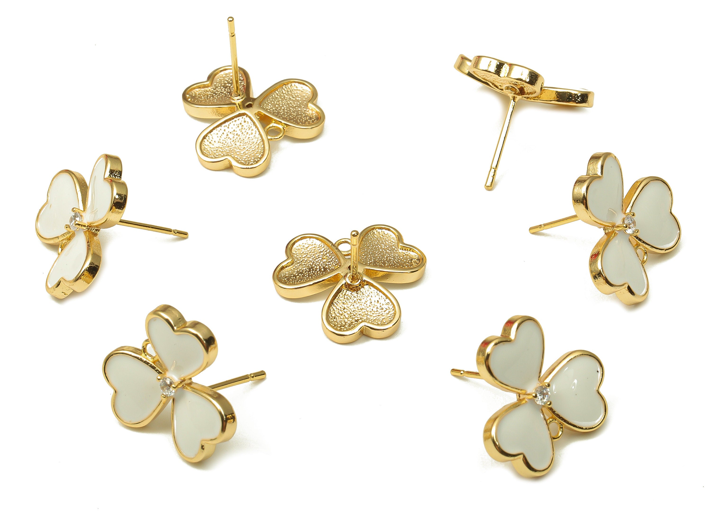 Brass Leaves Earring Stud - Enamel Zircon Clover Heart Earring Post - 316 Stainless Steel - 18k Real Gold Plating -16.1x16.1x1.9mm -RGP5233D - DOMEDBAZAAR