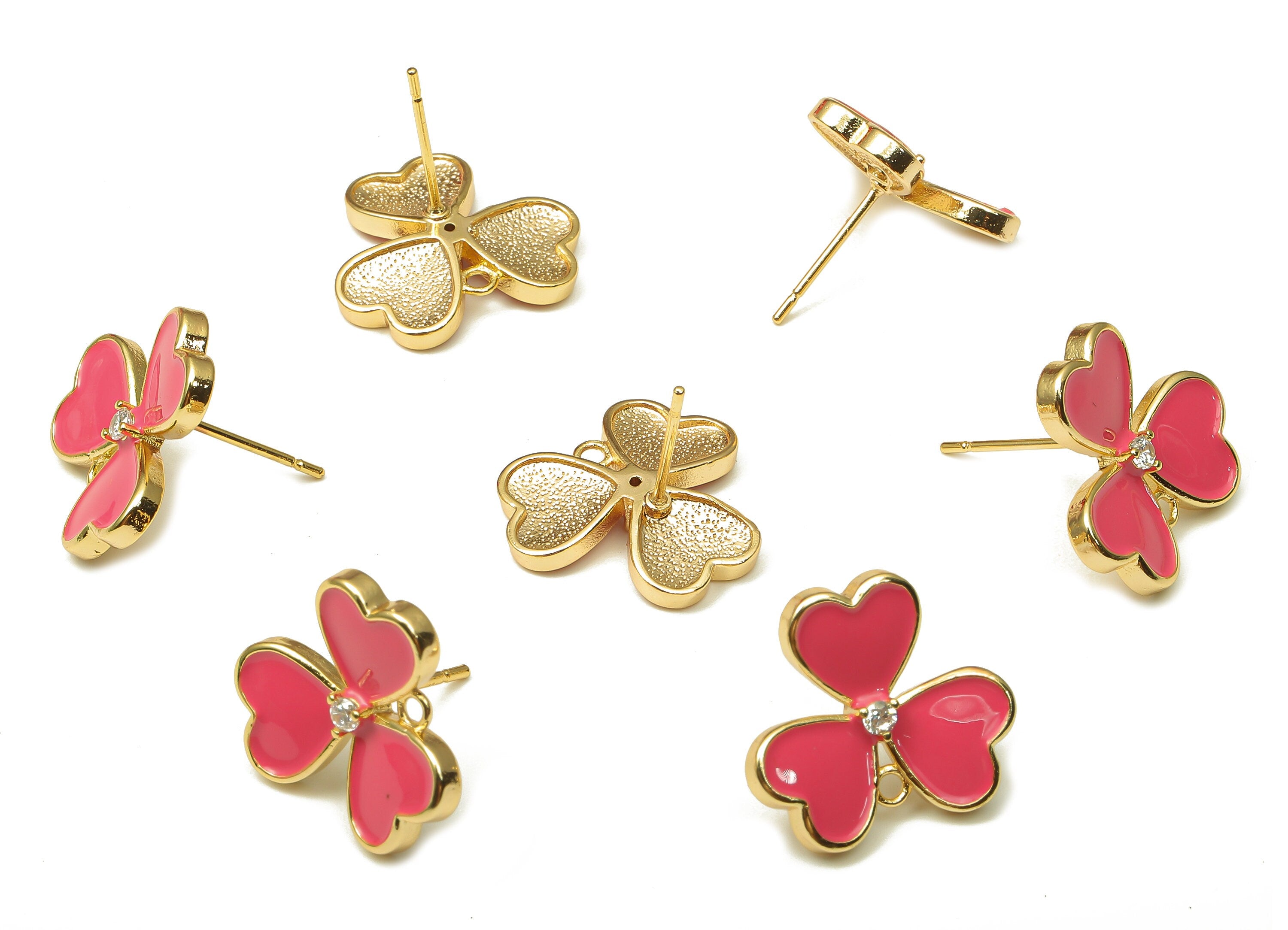 Brass Leaves Earring Stud - Enamel Zircon Clover Heart Earring Post - 316 Stainless Steel - 18k Real Gold Plating -16.1x16.1x1.9mm -RGP5233F - DOMEDBAZAAR