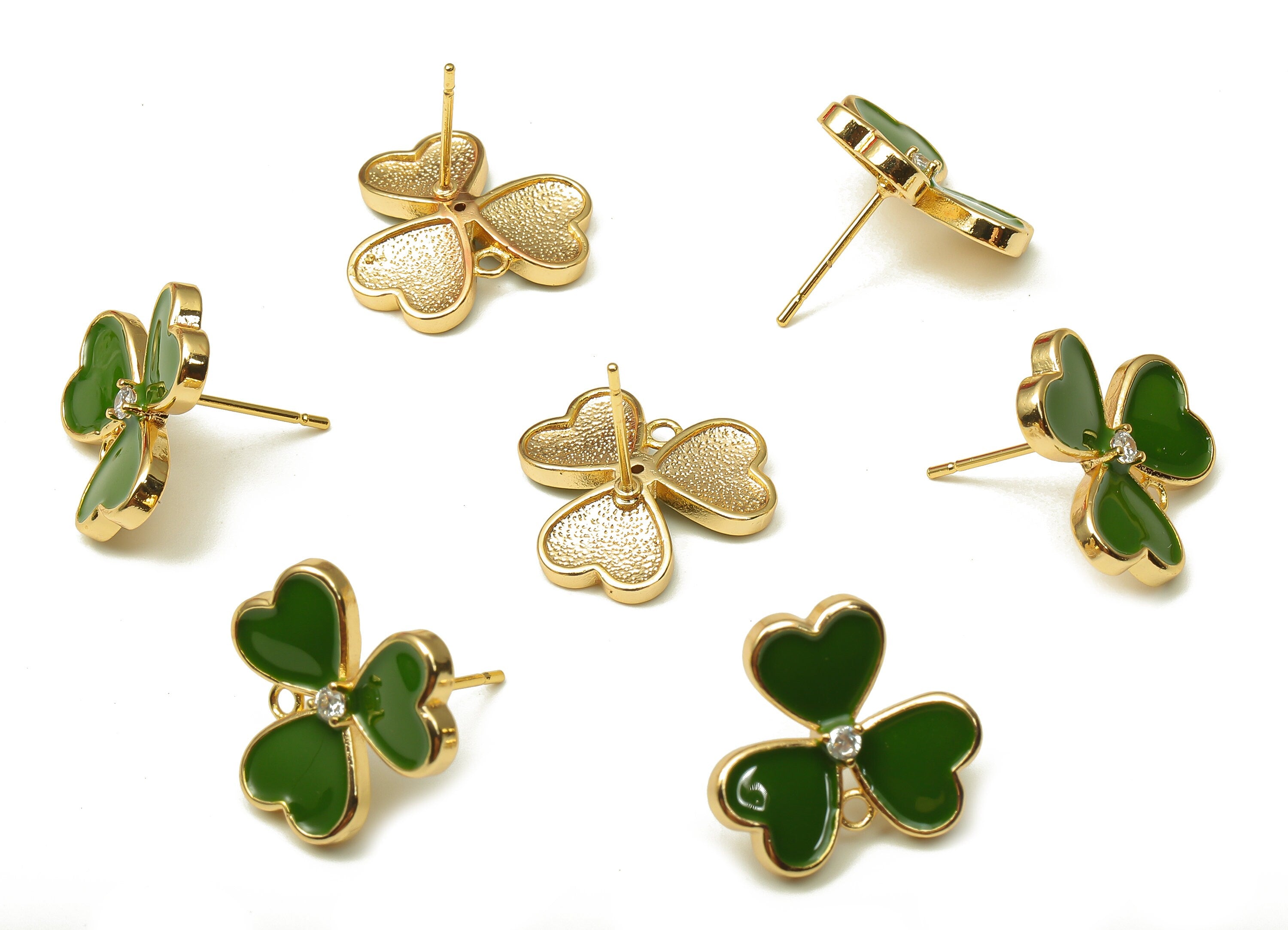 Brass Leaves Earring Stud - Enamel Zircon Clover Heart Earring Post - 316 Stainless Steel - 18k Real Gold Plating -16.1x16.1x1.9mm -RGP5233B - DOMEDBAZAAR