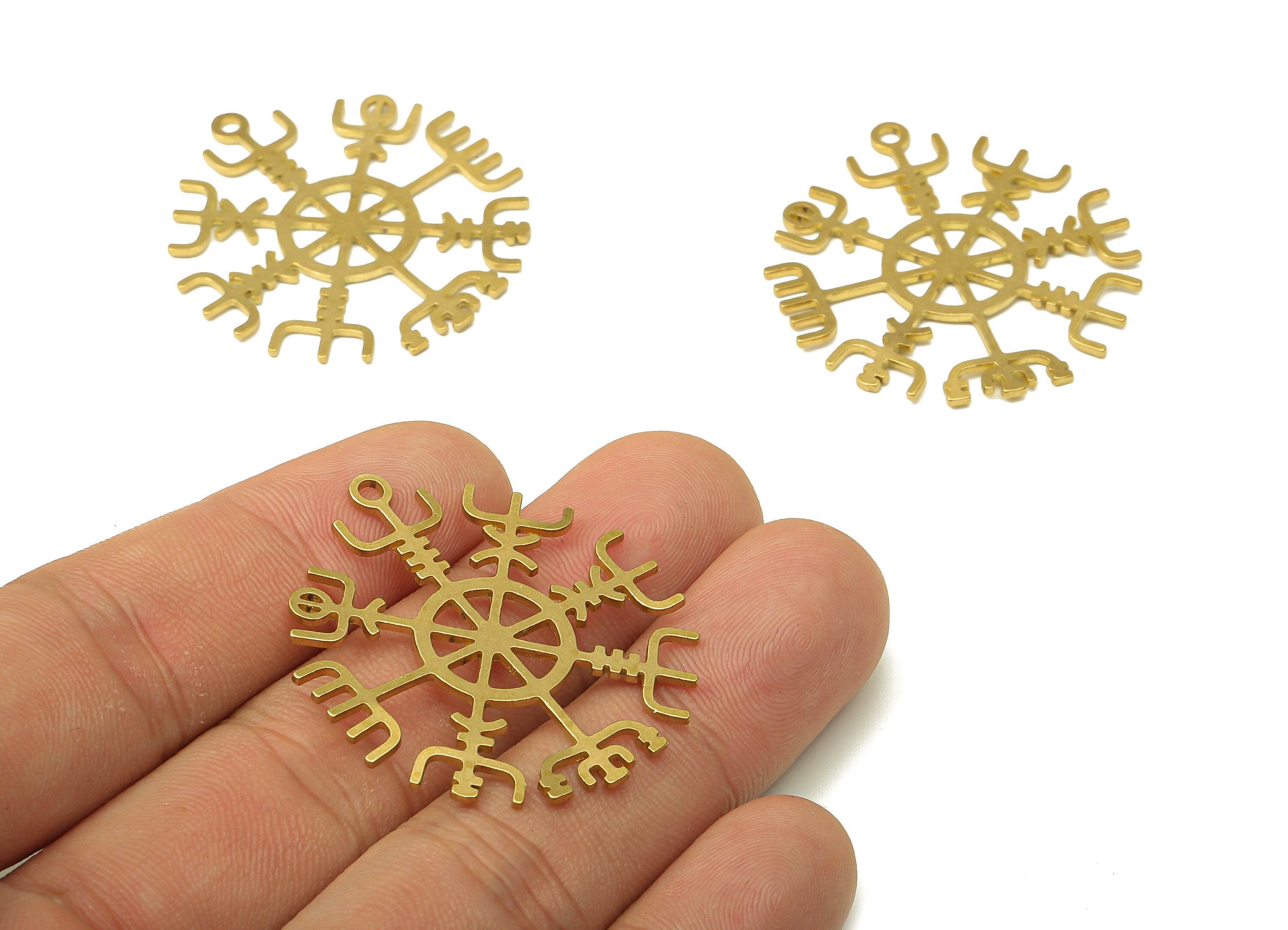 Brass Round Vegvisir Earring Charm - Raw Brass Circle Cutout Pendant With Loop - Jewelry Making Supplies - 37.8x34.9x0.9mm - PPA4944 - DOMEDBAZAAR