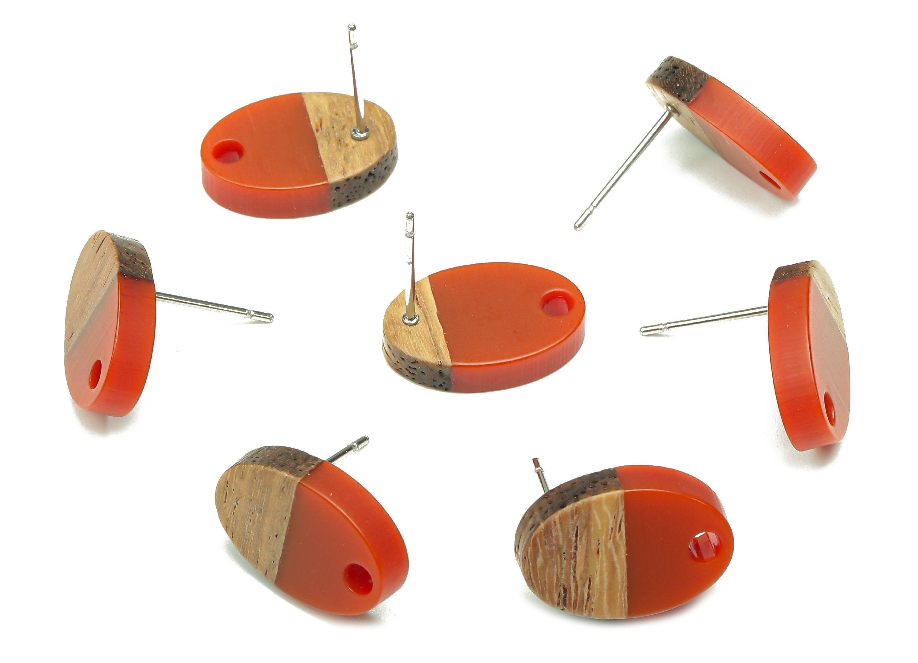 Natural Wooden Oval Earring Stud - Walnut Wood Red Resin Ellipse Earring Post - 316 Stainless Steel Stud - 15.6x10.23x2.42mm - BB1258B - DOMEDBAZAAR